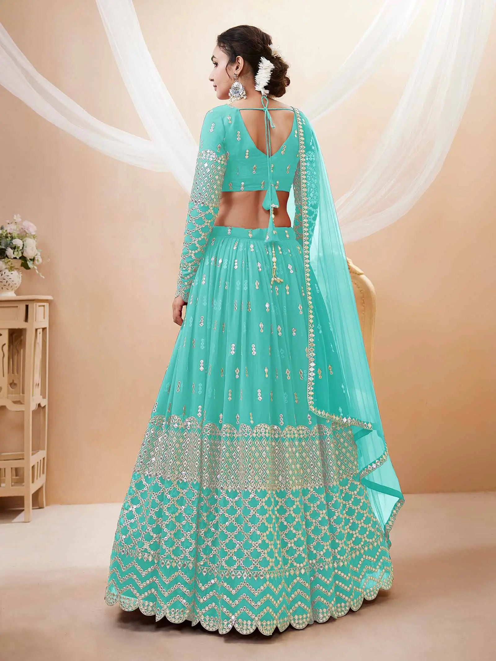 Sky Blue Georgette Lehenga With Sequence And Zari Embroidery Work With Soft Net dupatta | Ready To Wear - qivii