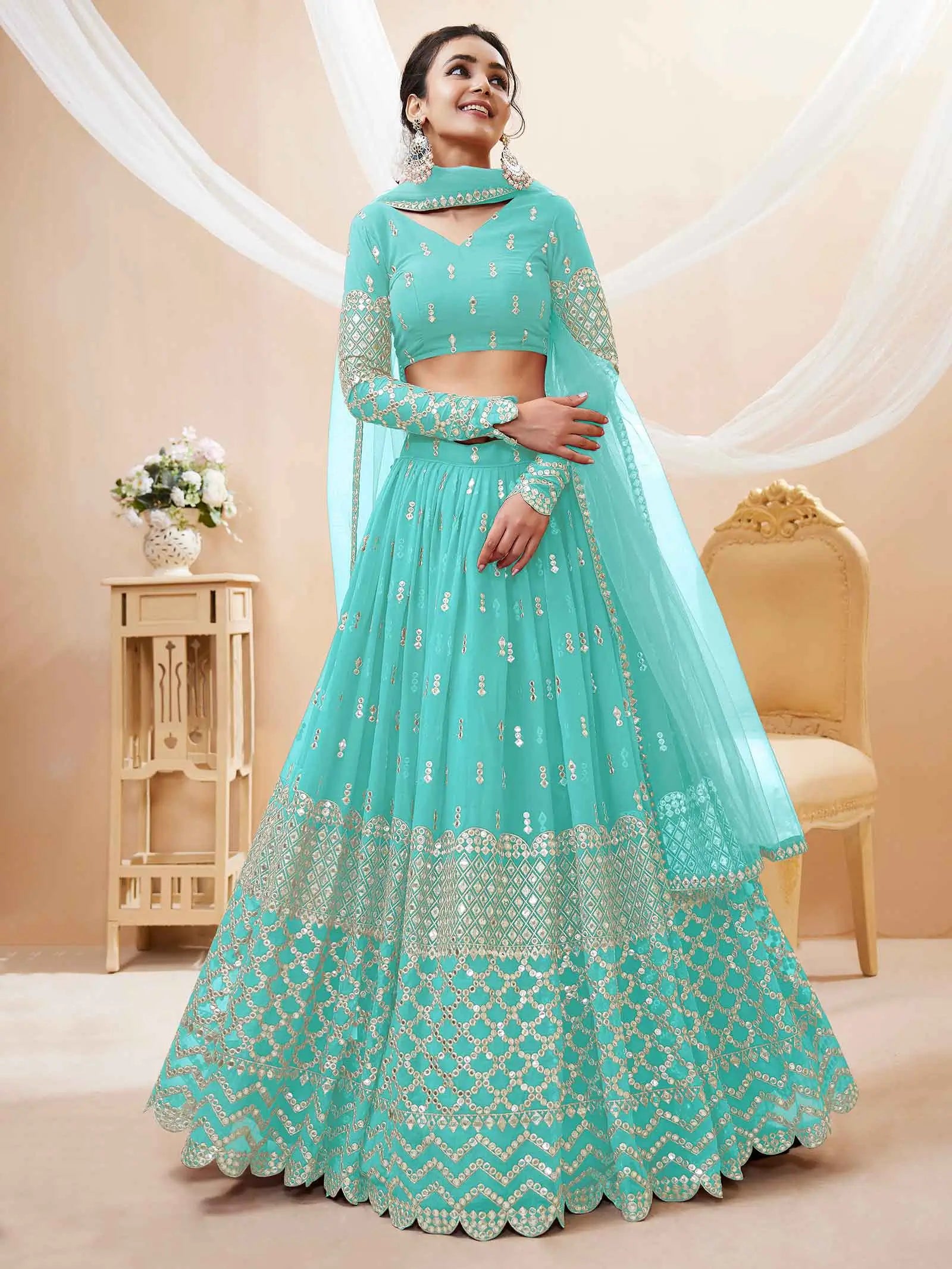Sky Blue Georgette Lehenga With Sequence And Zari Embroidery Work With Soft Net dupatta | Ready To Wear - qivii