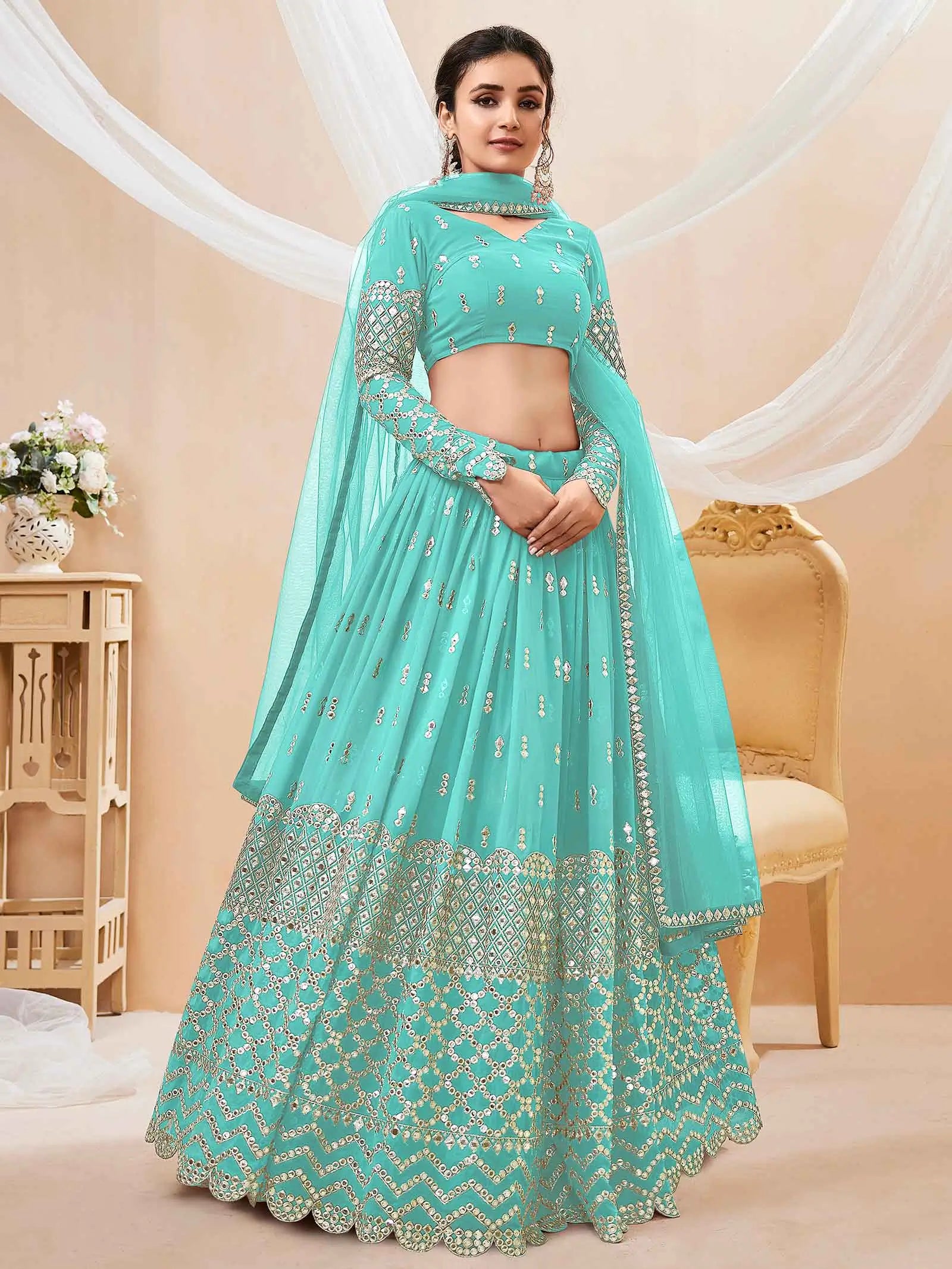 Sky Blue Georgette Lehenga With Sequence And Zari Embroidery Work With Soft Net dupatta | Ready To Wear - qivii