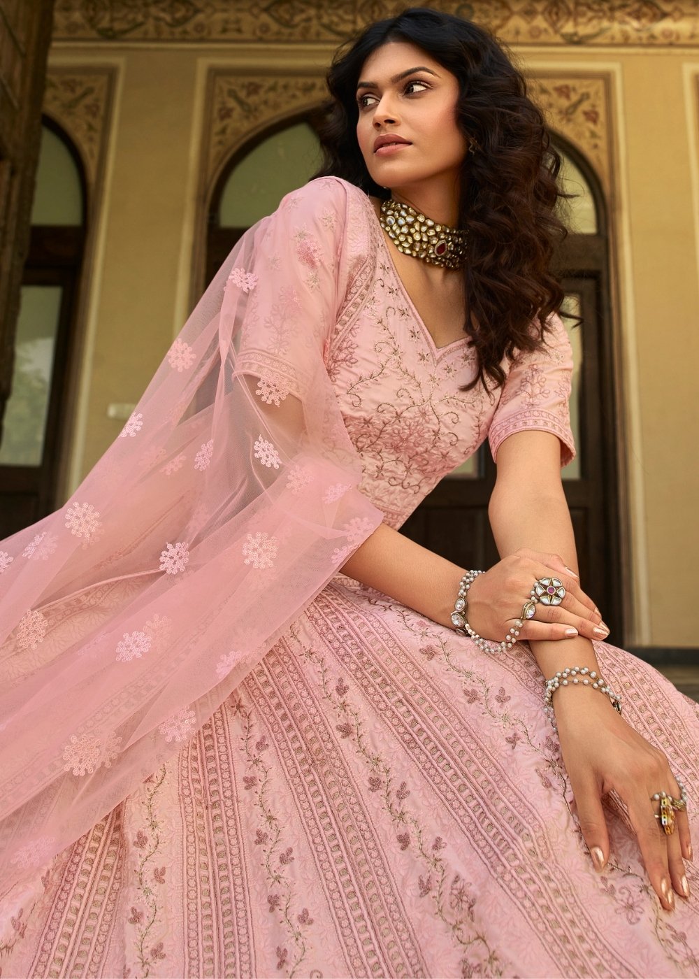 Baby Pink Organza Lehenga with Zari,Thread & Sequins work | Ready To Wear - qivii