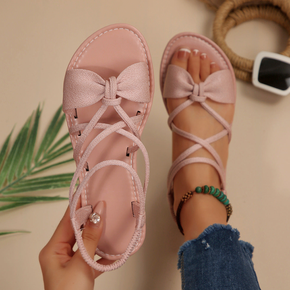 Women's Vela Bow Flat Sandals - Soft Sole Elastic Strap Summer Sandals (US 5-10.5)