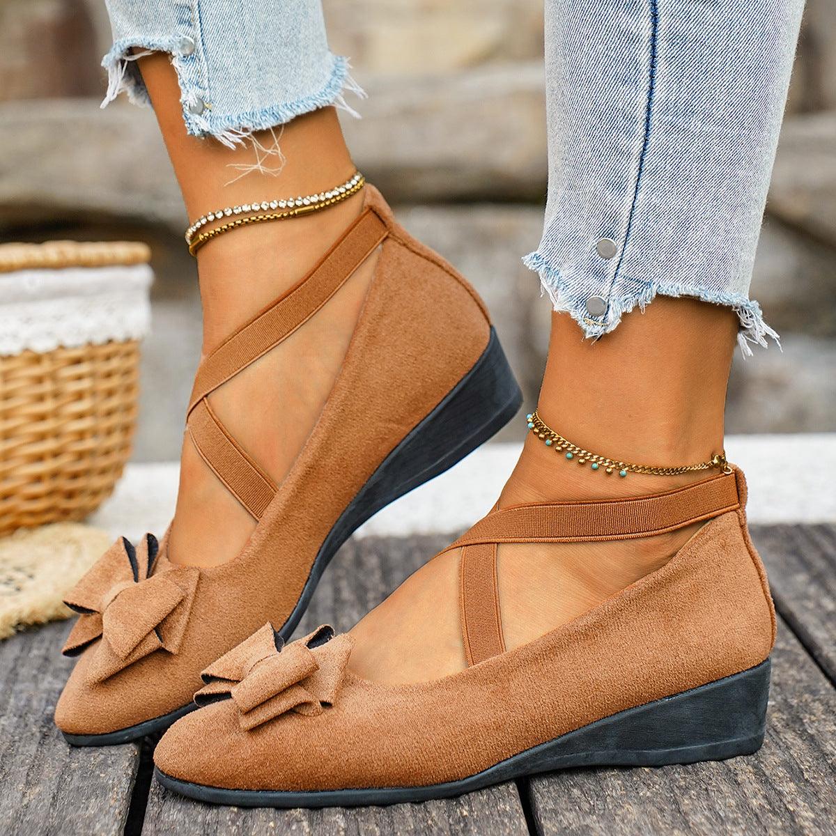 Women’s Elara Bow Suede Wedge Loafers – Elastic Cross-Strap Comfort Slip-Ons (US 5–10.5)