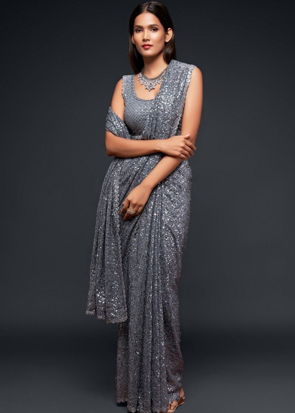 Silver Grey Sequins & Thread Embroidered Designer Georgette Saree - qivii