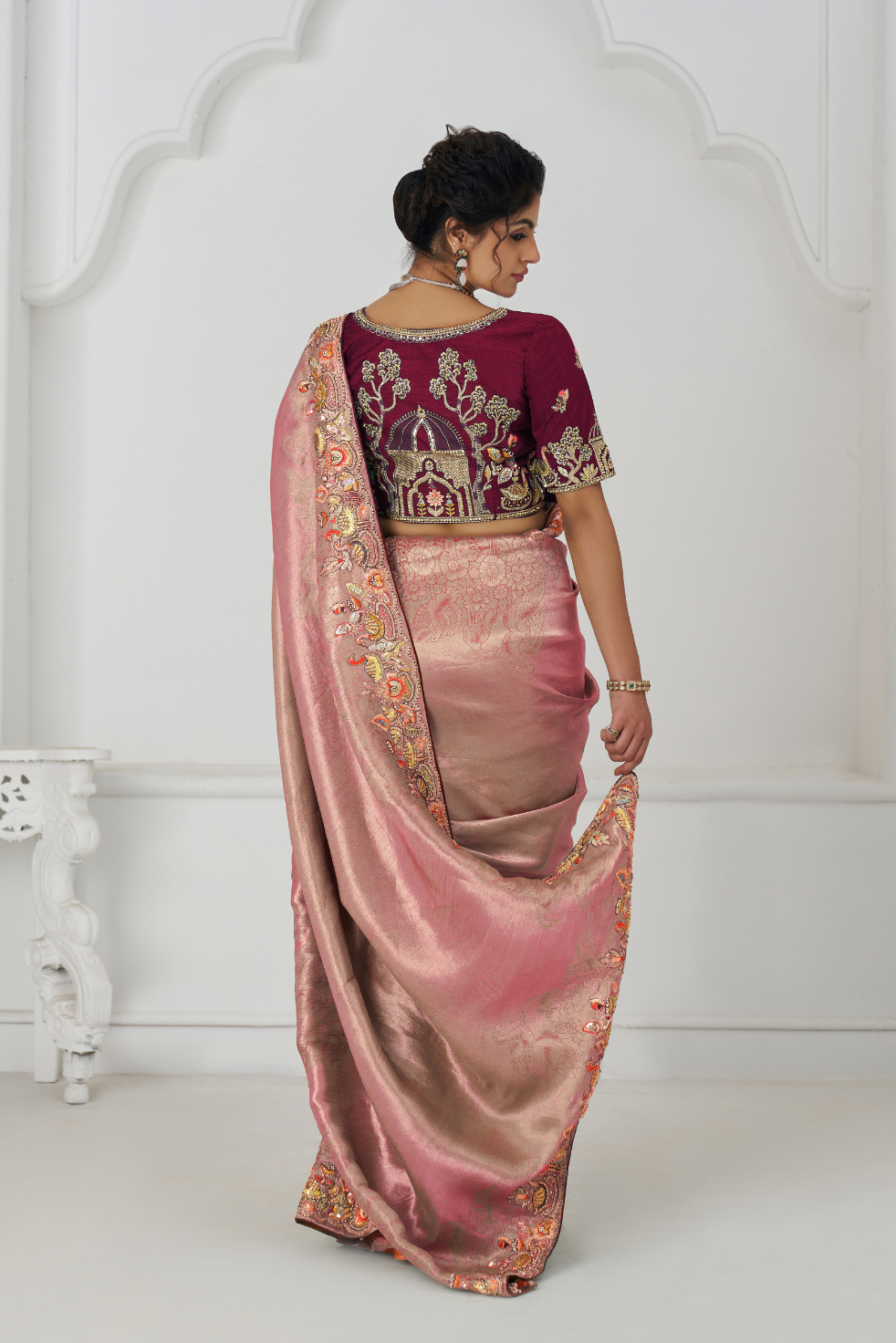 Pretty Pink Color Saree With Multi-thread And Sequins Embroidery For Wedding - qivii