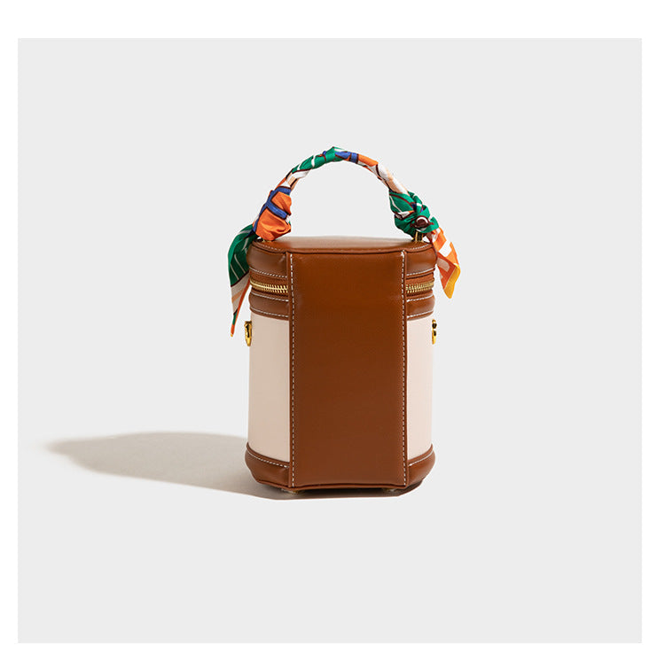 Women's Retro Color-Block Barrel Bag – Mini Cylinder Cosmetic Case with Detachable Silk Scarf & Chain Strap