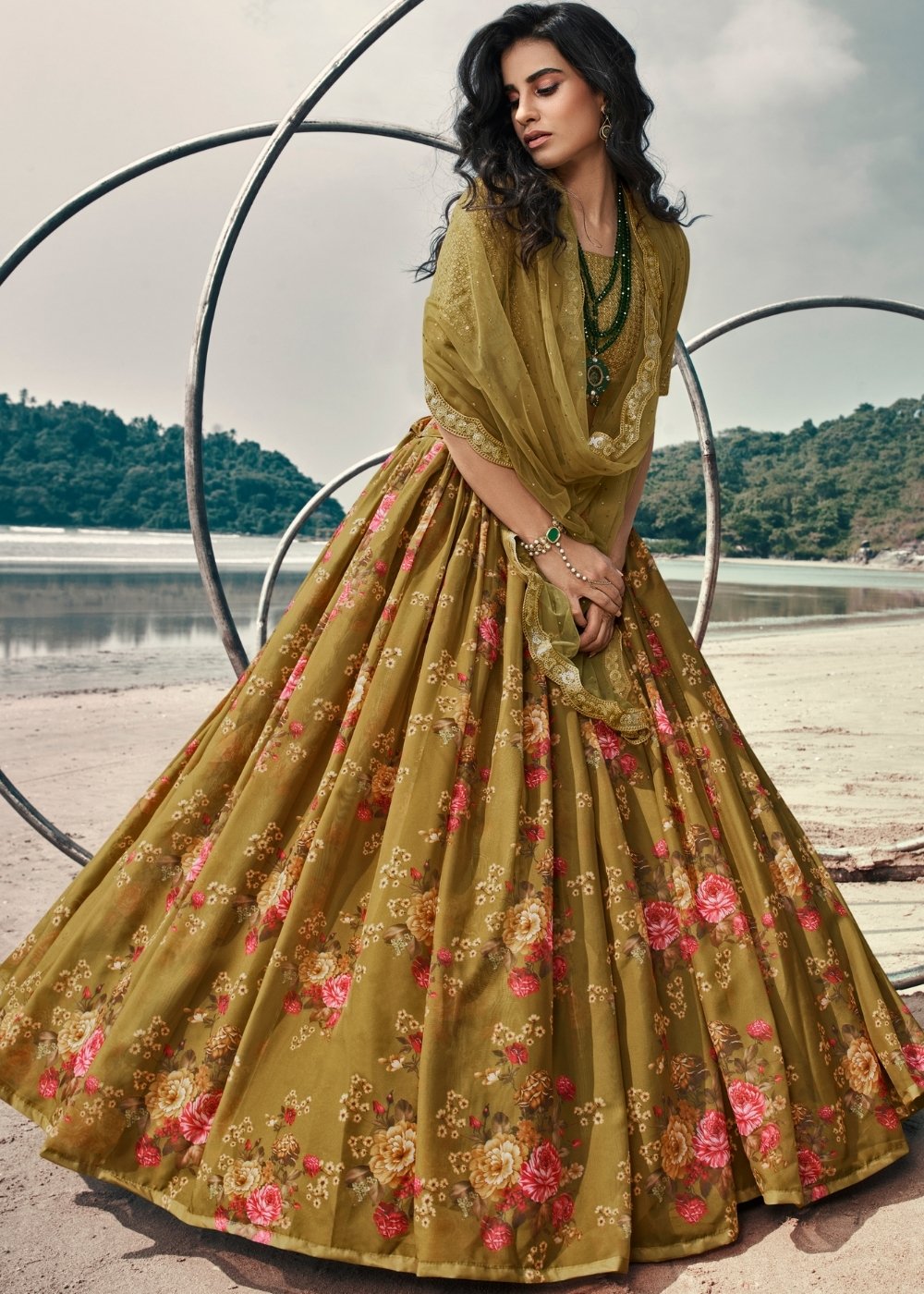 Avocado Green Designer Printed Organza Lehenga with Soft Net Dupatta | Ready To Wear - qivii