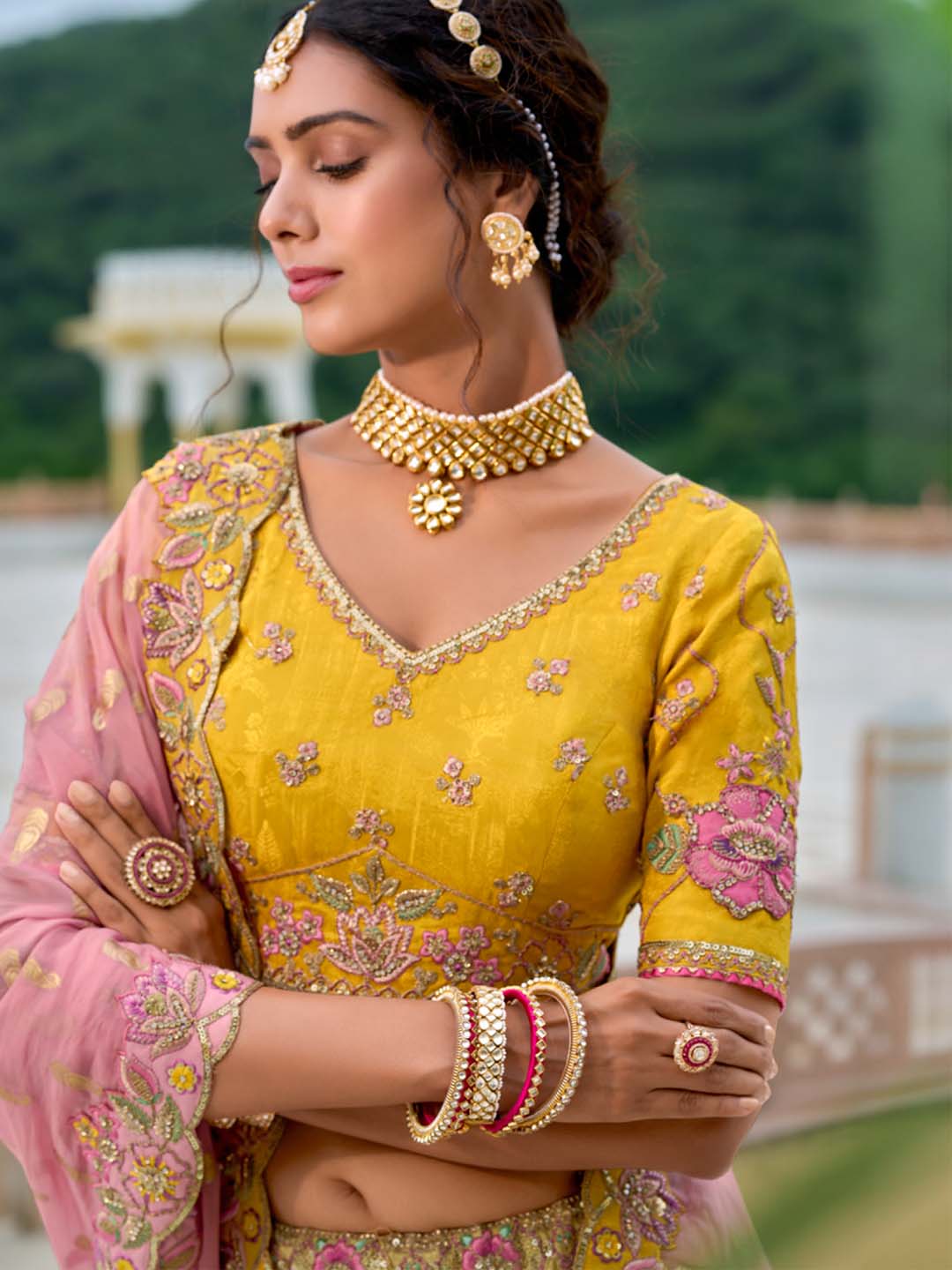 Yellow-Pink Shade Patch-Work & Cut-Work Silk Embroidered Semi Stitched Lehenga Choli - qivii