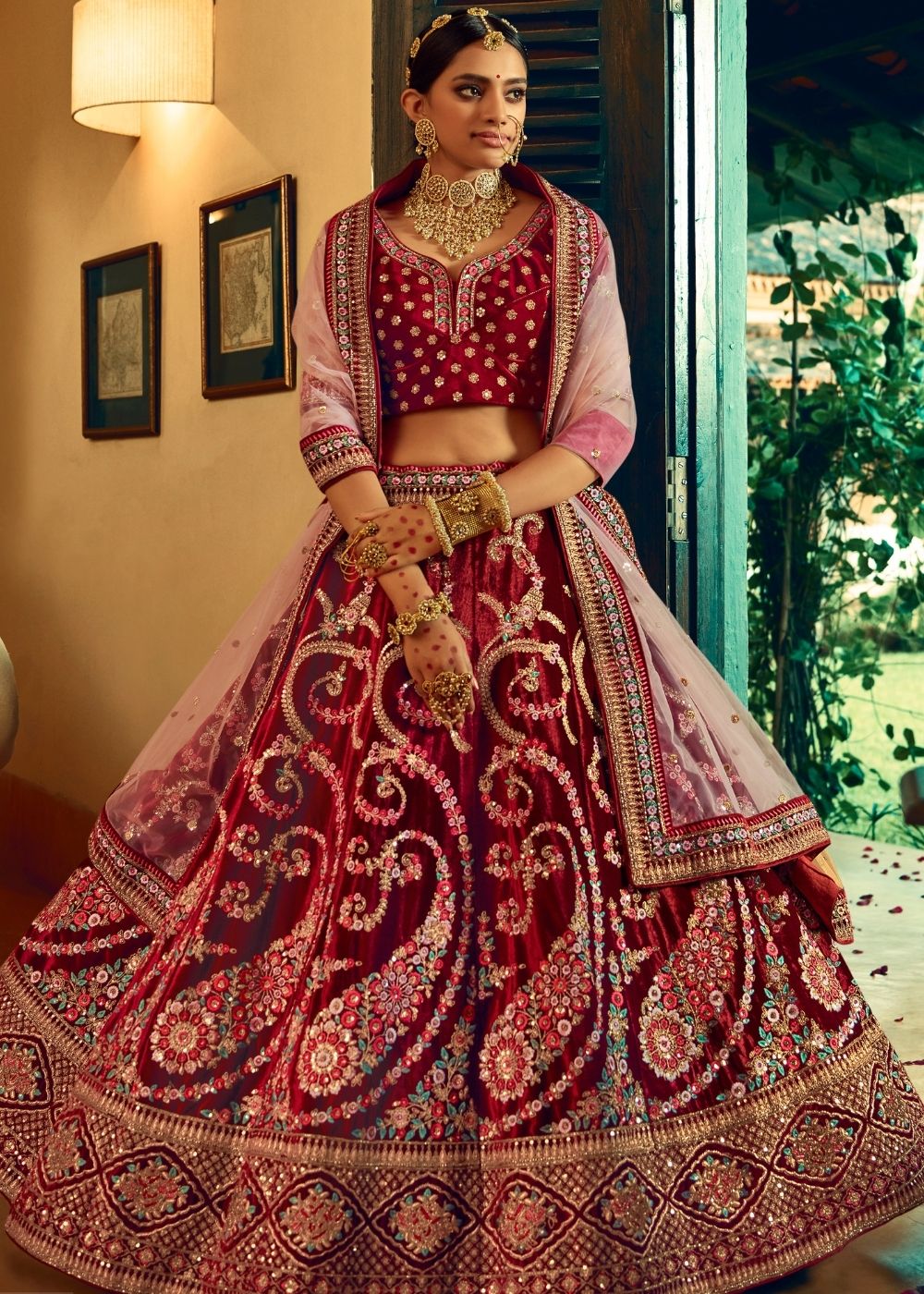 Berry Red Bridal Velvet Lehenga Choli with Embroidery & Hand work | Ready To Wear - qivii