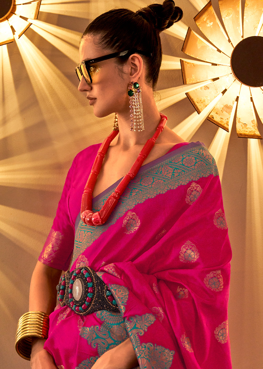 Raspberry Pink Handloom Woven Banarasi Silk Saree - qivii