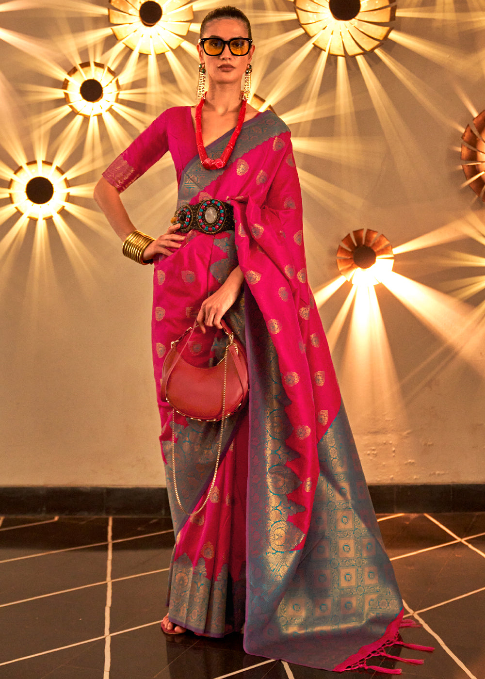 Raspberry Pink Handloom Woven Banarasi Silk Saree - qivii