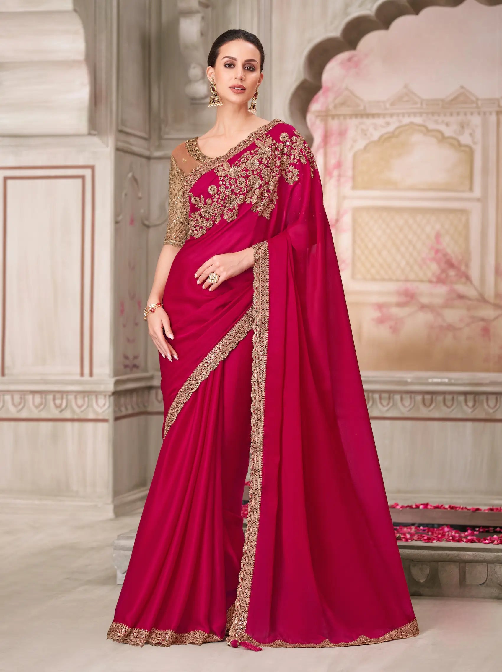 Cherry Red Silk Party Wear Saree With Sequence & Thread Embroidery Work - qivii