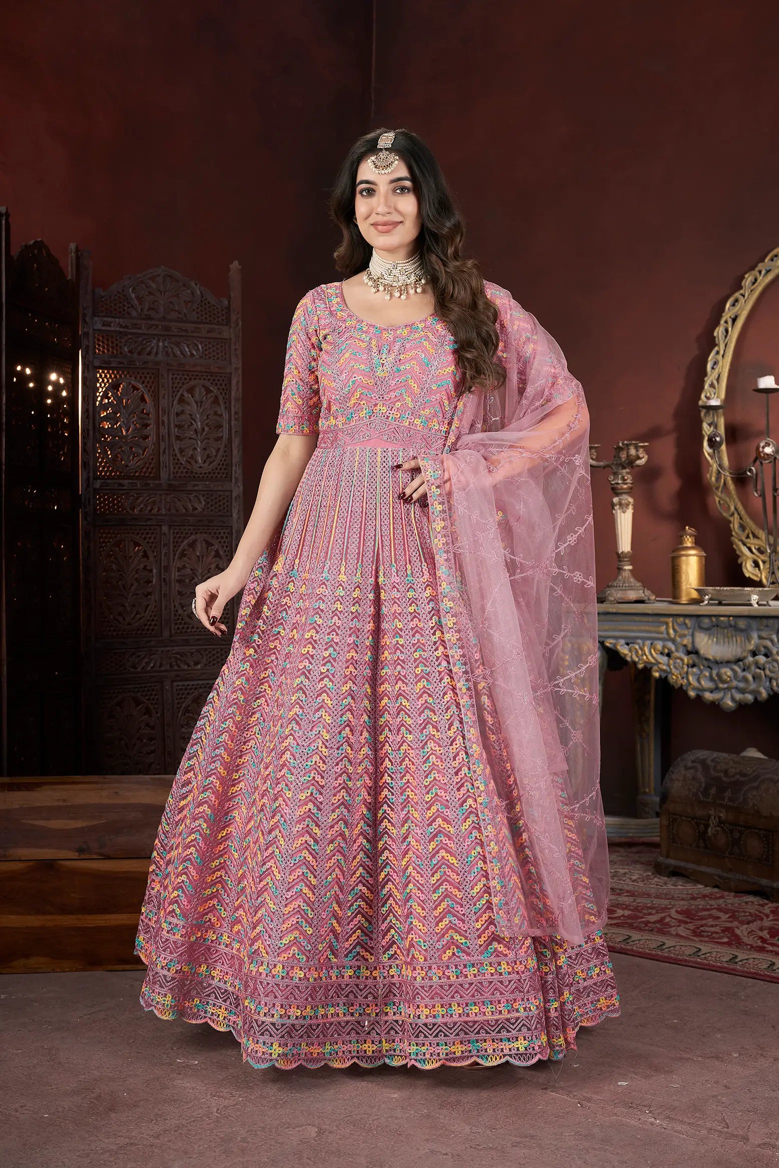 Peach Embroidery and Zarkan Ready To Wear Gown With Dupatta - qivii