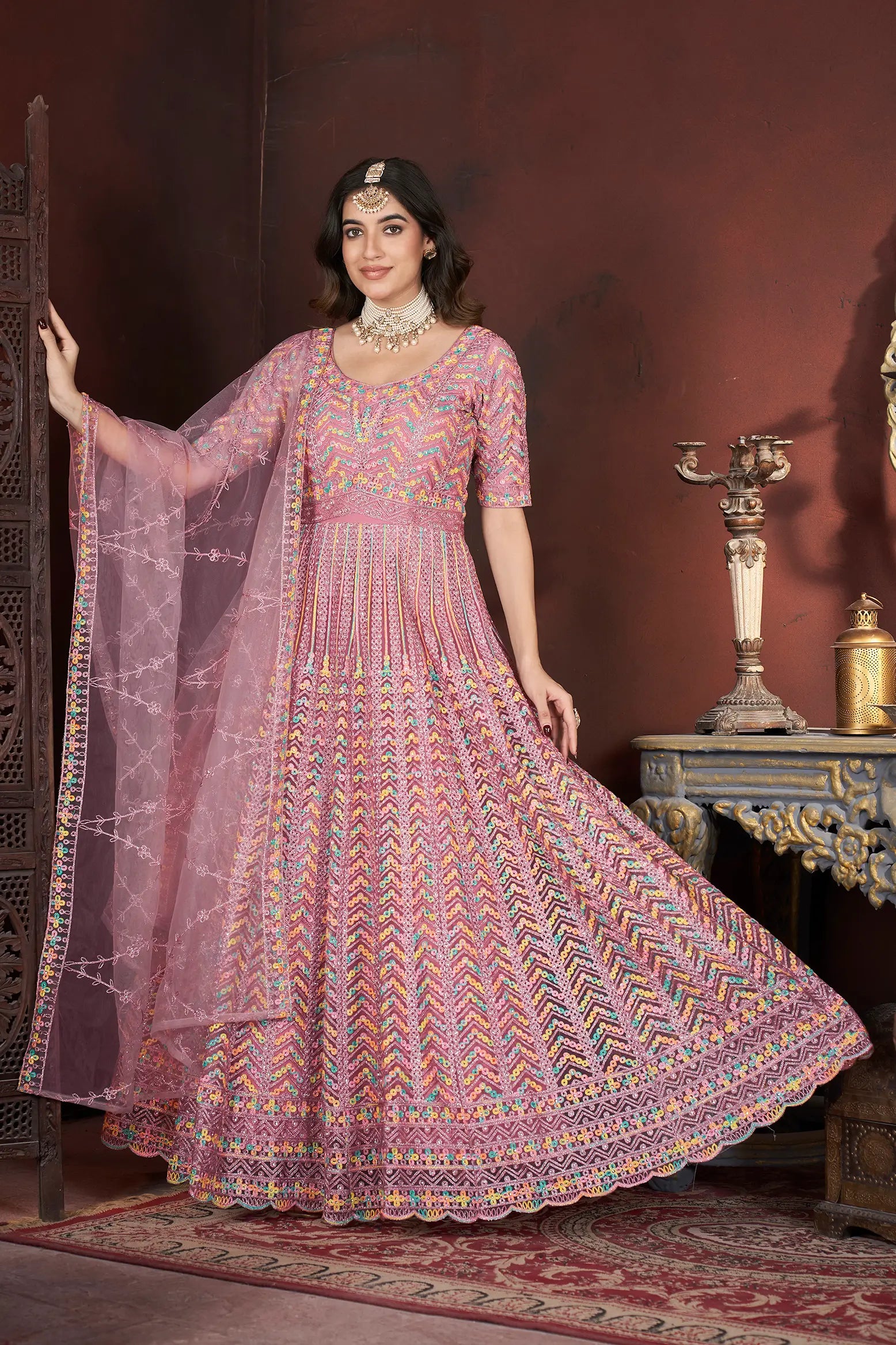 Peach Embroidery and Zarkan Ready To Wear Gown With Dupatta - qivii