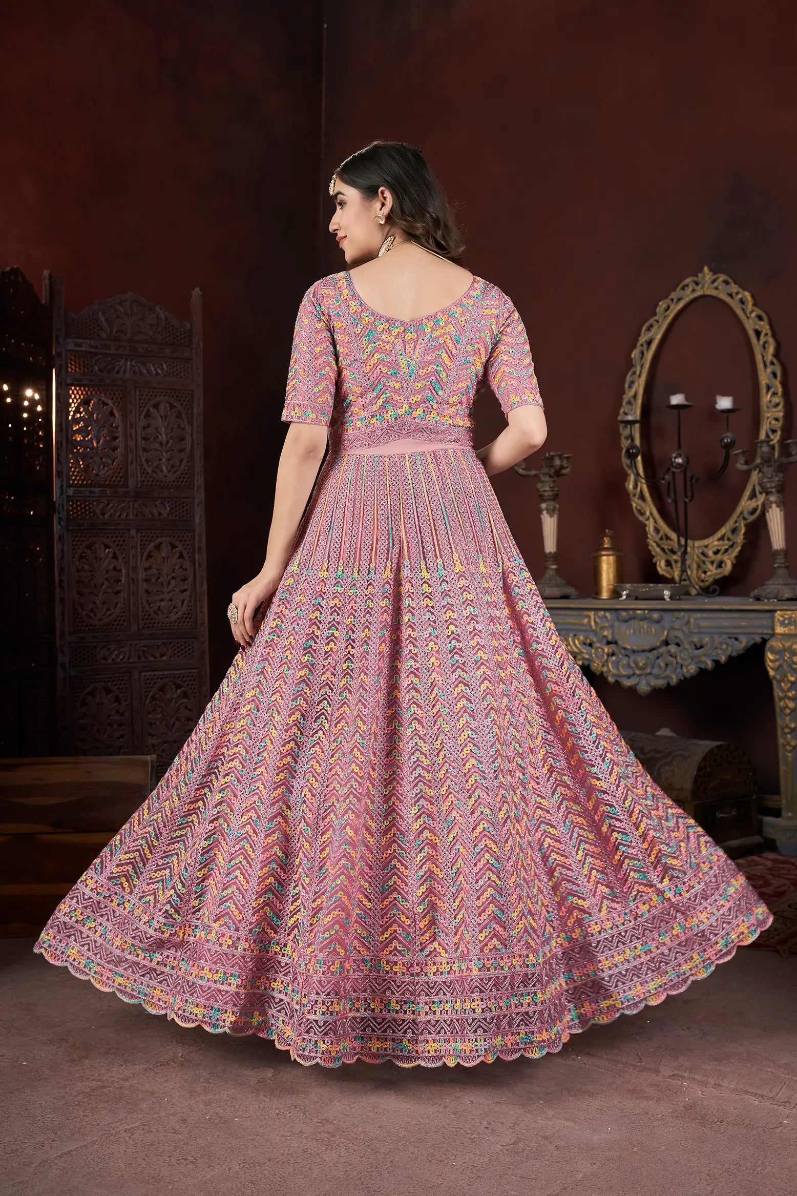 Peach Embroidery and Zarkan Ready To Wear Gown With Dupatta - qivii