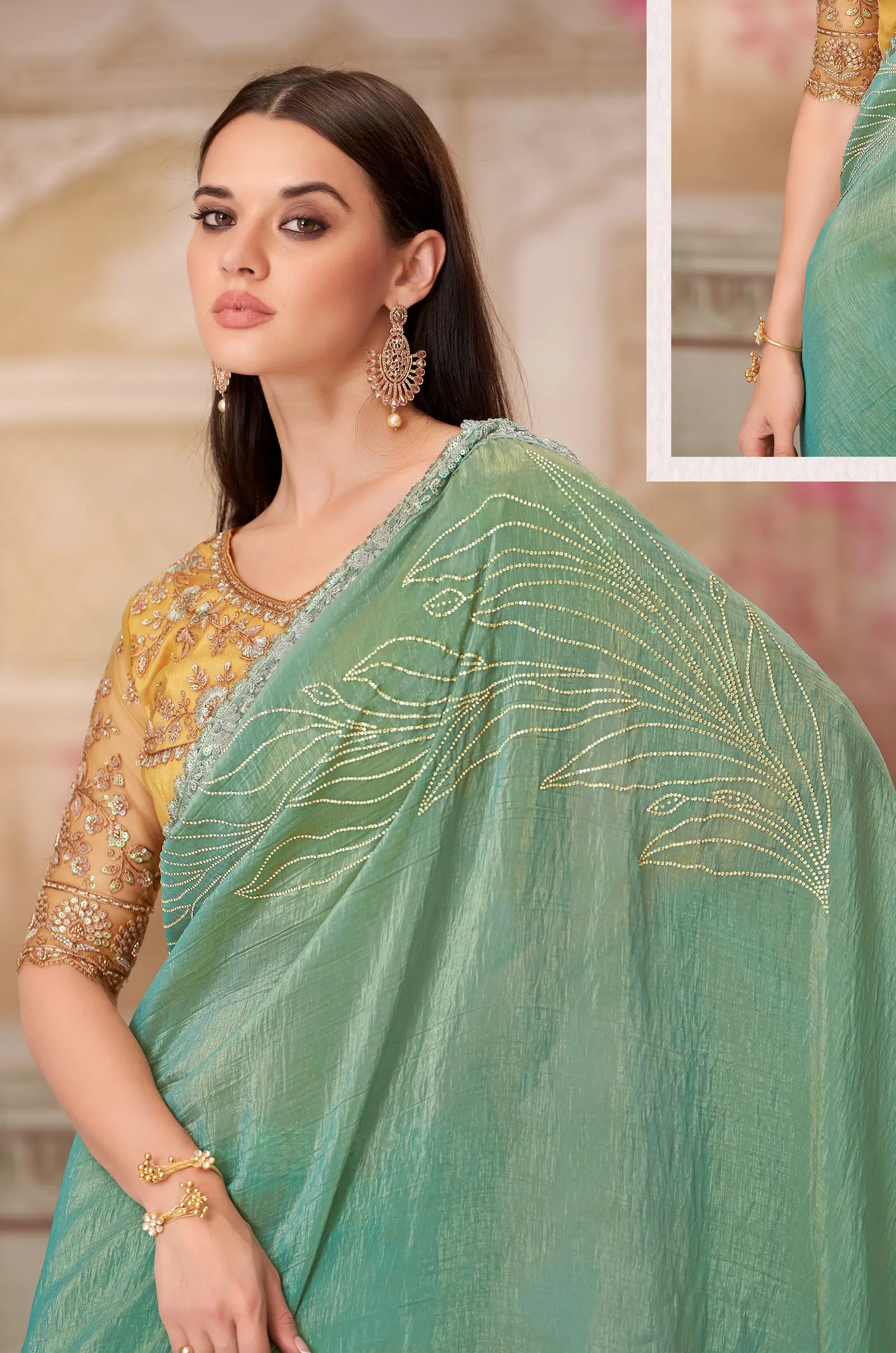 Pista Green Silk Party Wear Saree With Sequence & Thread Embroidery Work - qivii