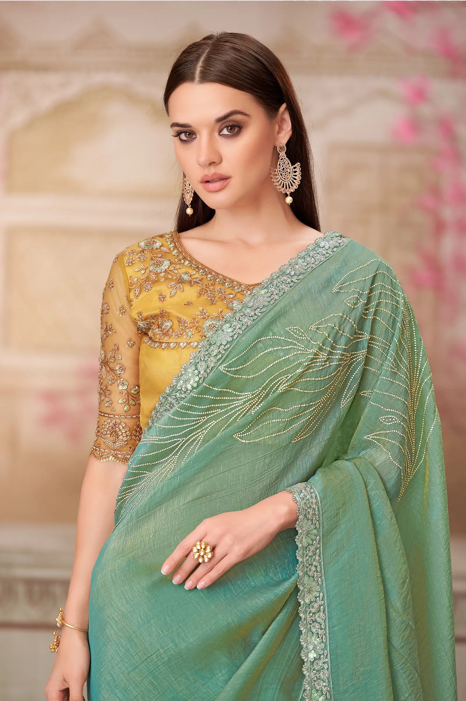 Pista Green Silk Party Wear Saree With Sequence & Thread Embroidery Work - qivii