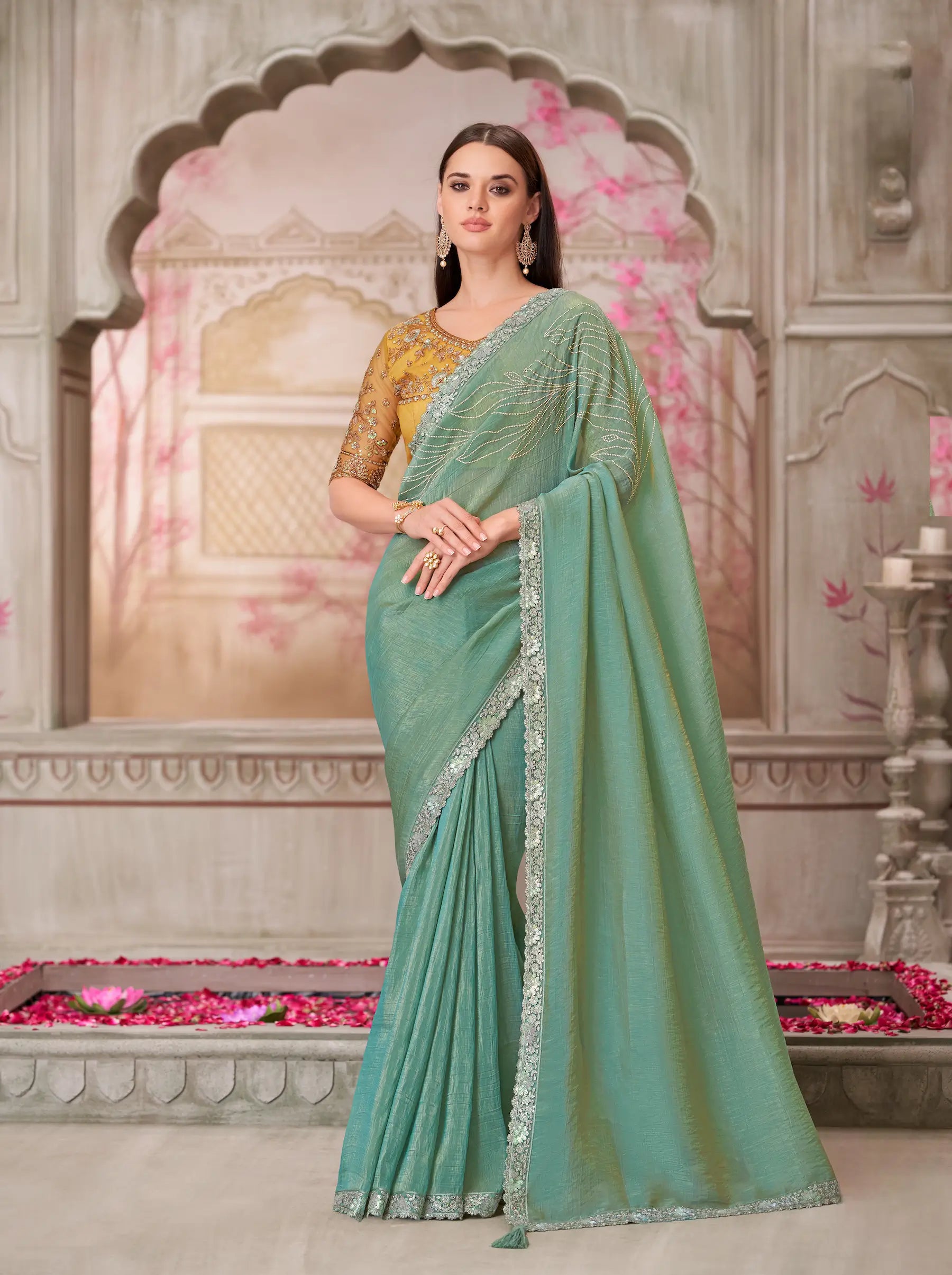 Pista Green Silk Party Wear Saree With Sequence & Thread Embroidery Work - qivii