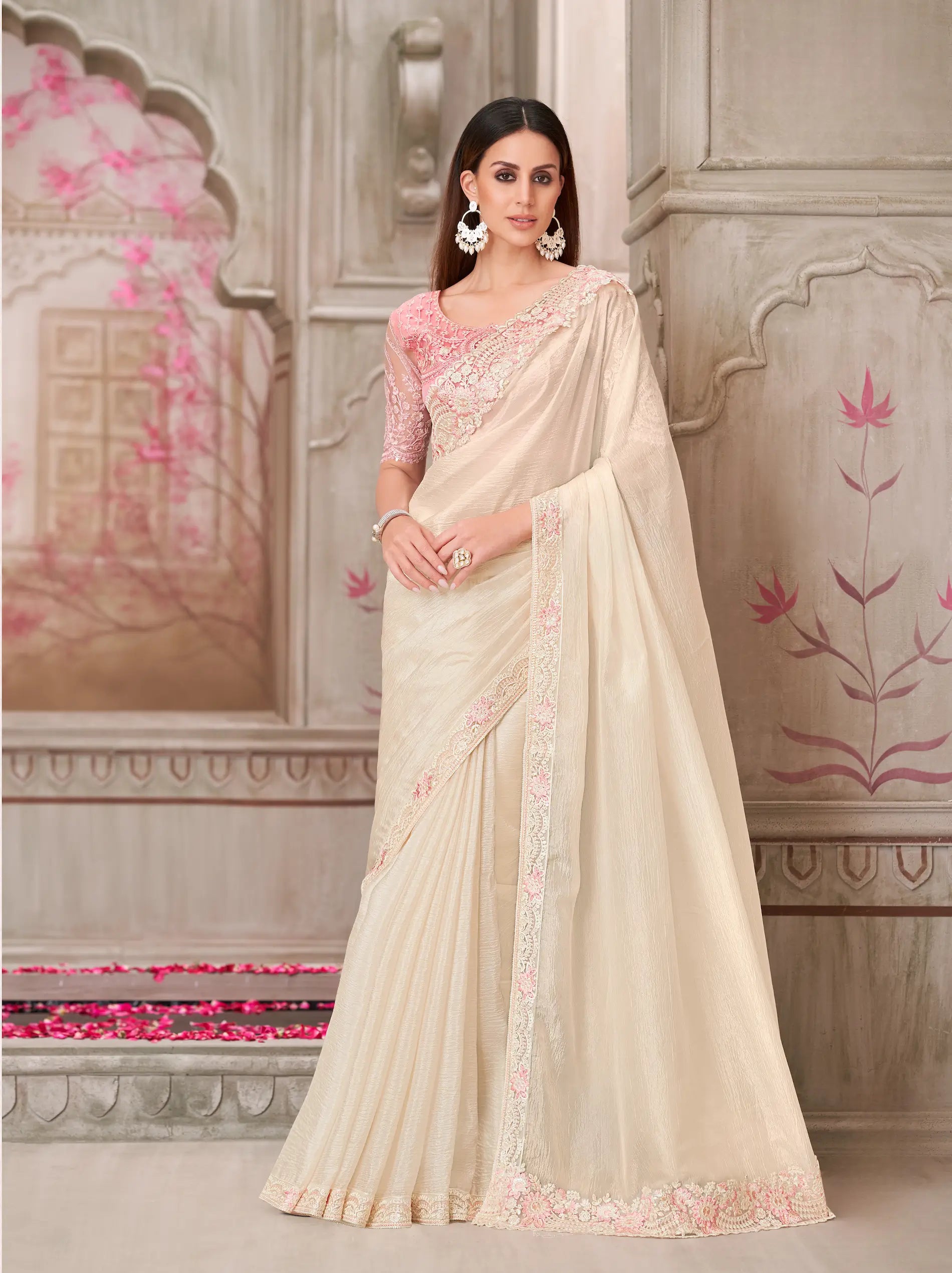 Pearl White Silk Party Wear Saree With Sequence & Thread Embroidery Work - qivii