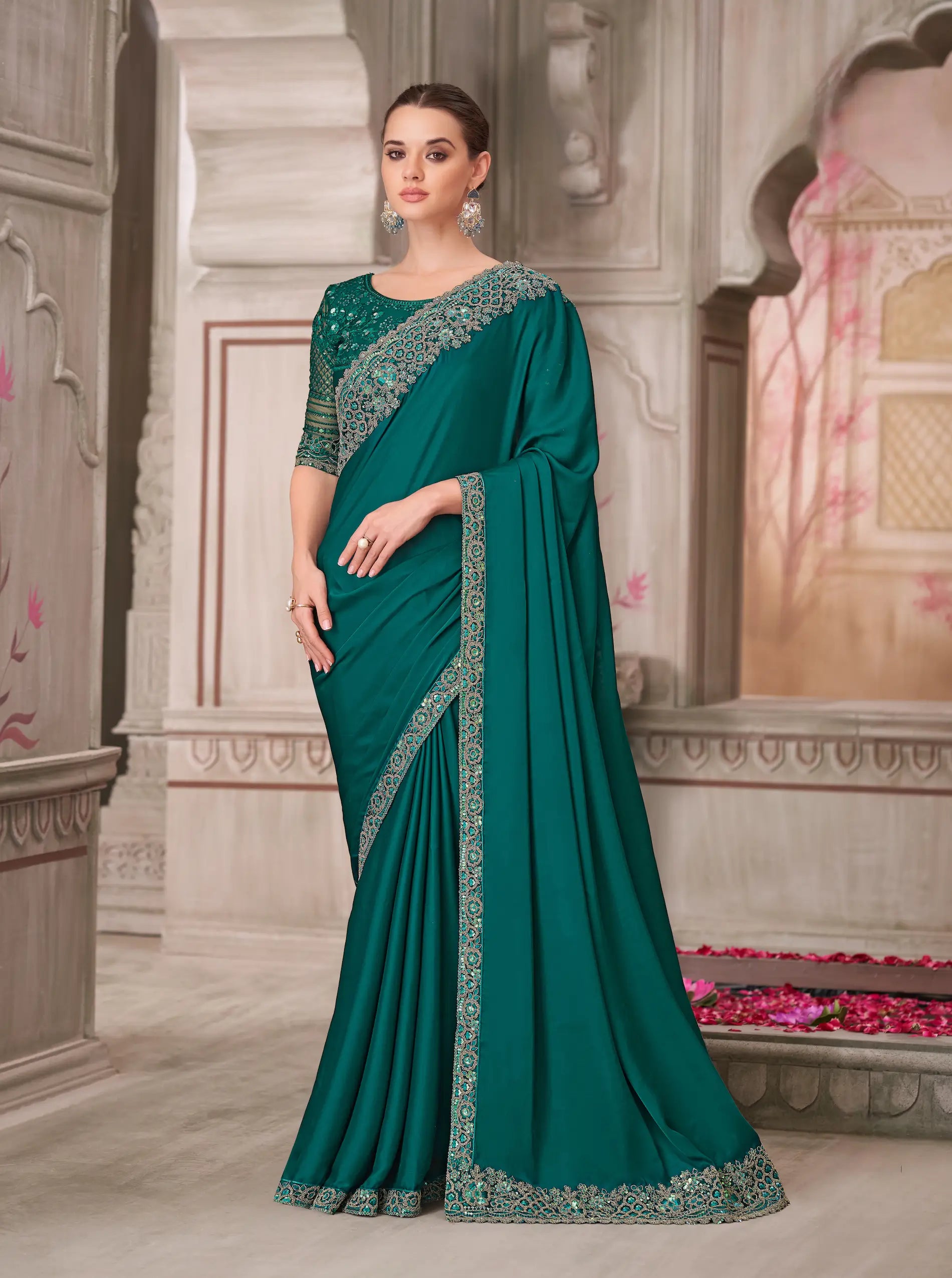 Peacock Green Silk Party Wear Saree With Sequence & Thread Embroidery Work - qivii
