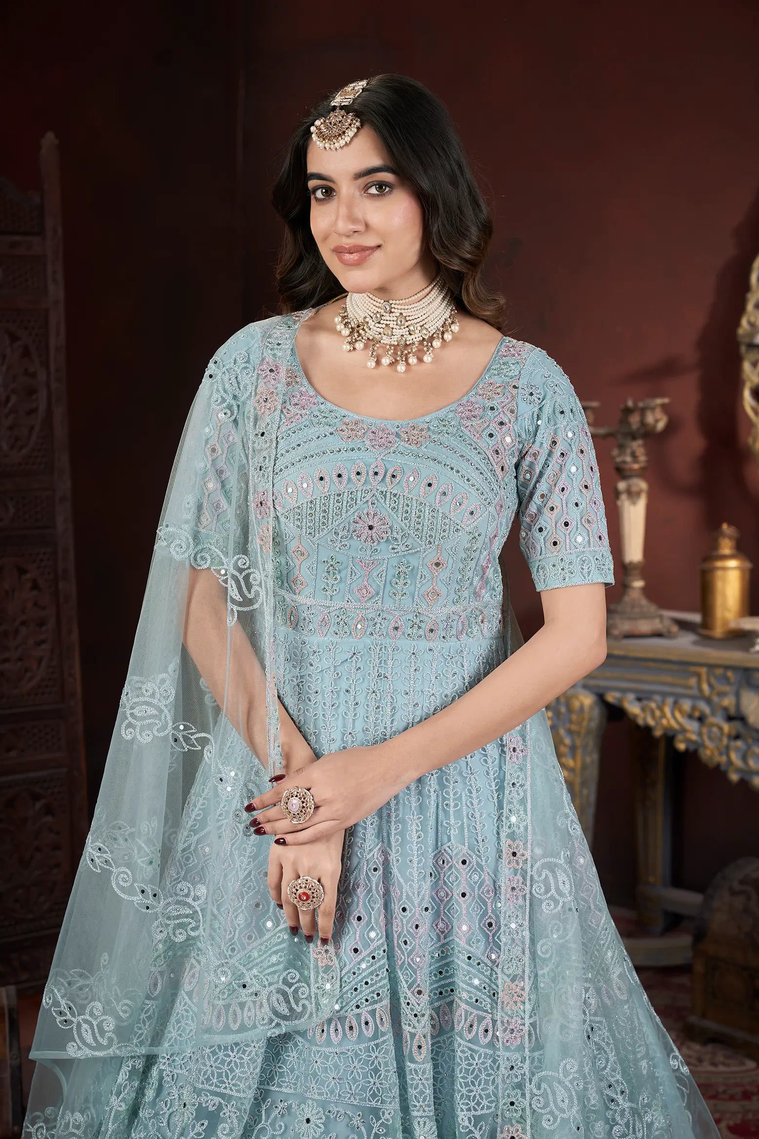 Sky Embroidery and Zarkan Ready To Wear Gown With Dupatta - qivii