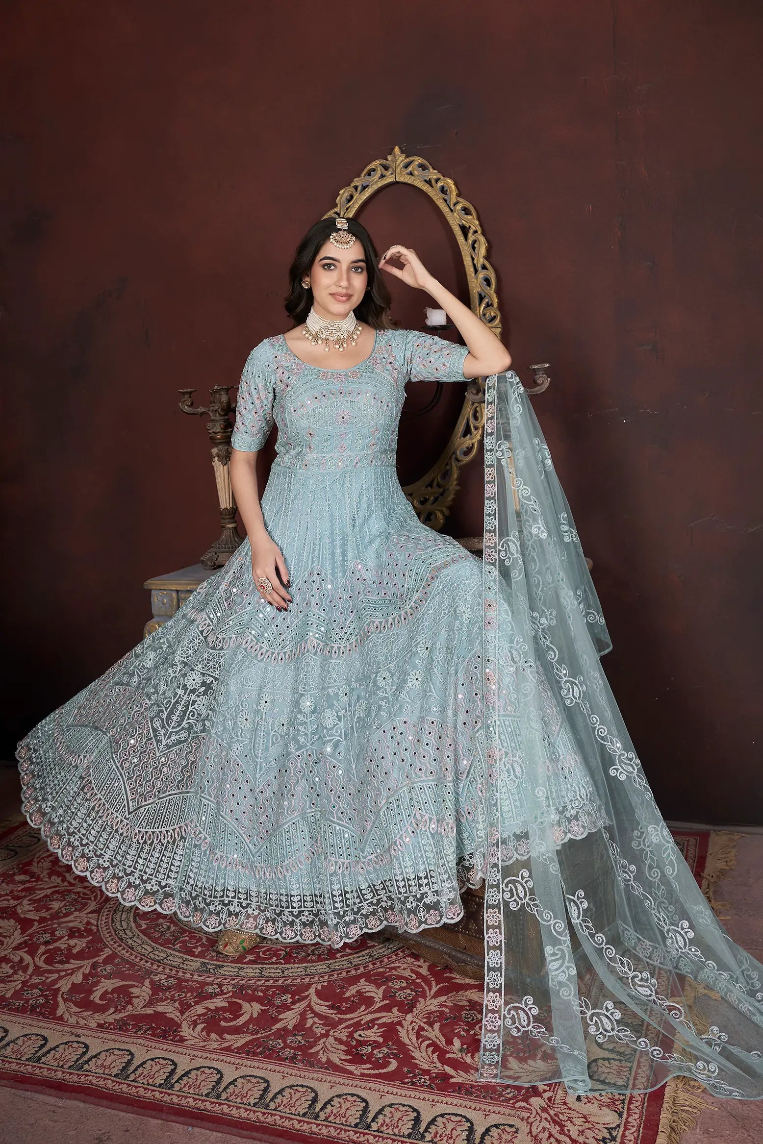 Sky Embroidery and Zarkan Ready To Wear Gown With Dupatta - qivii