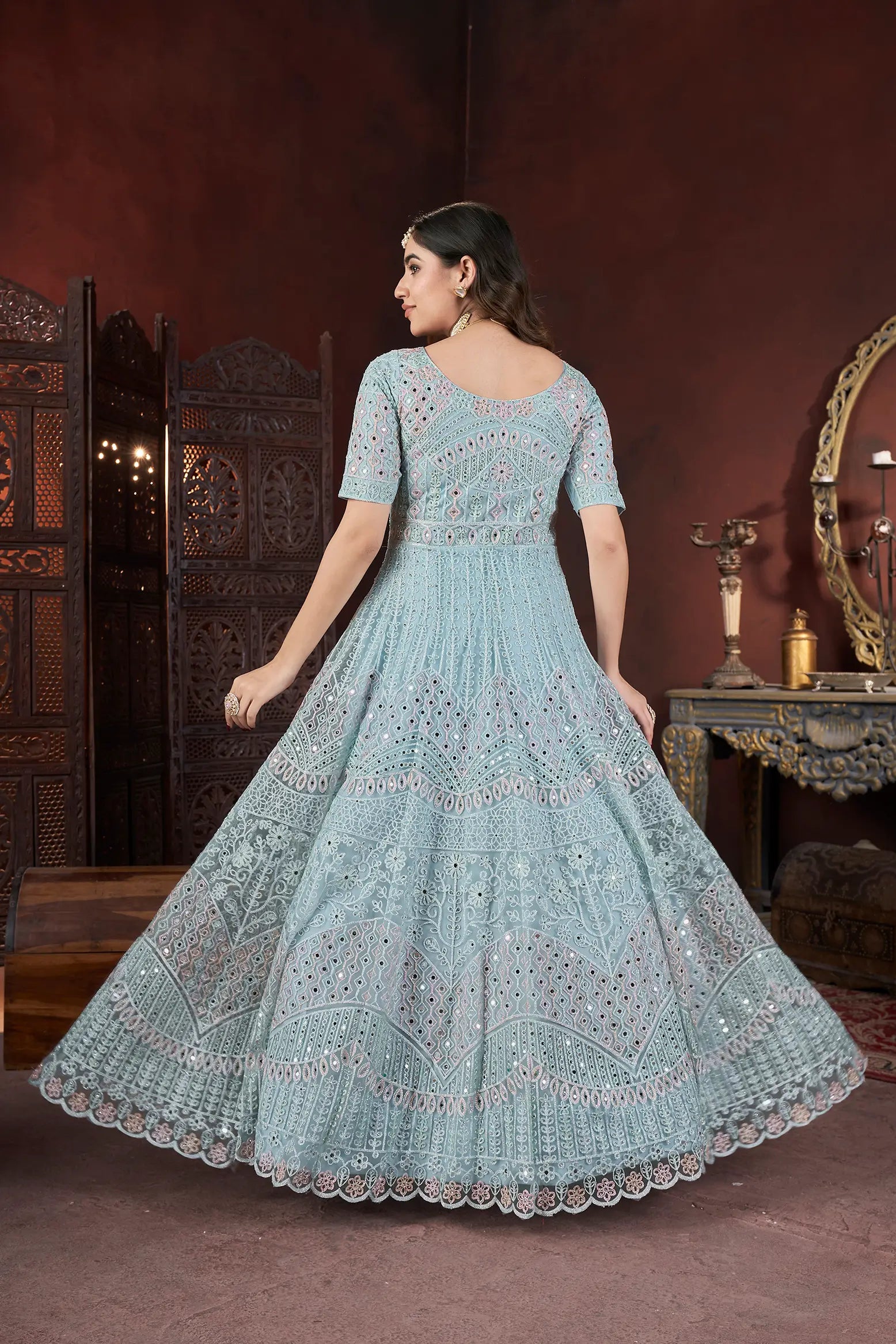Sky Embroidery and Zarkan Ready To Wear Gown With Dupatta - qivii
