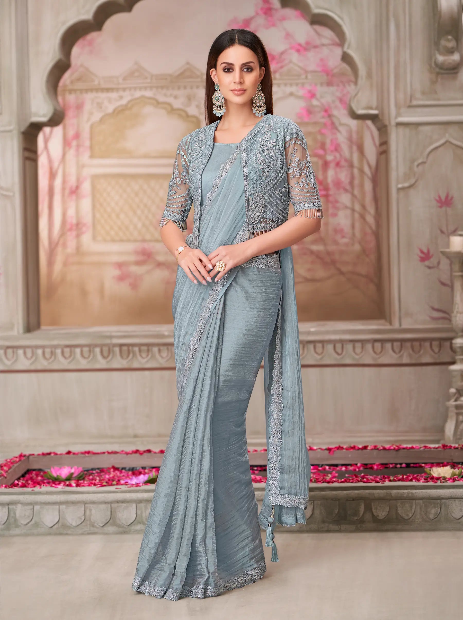 Silver Grey Georgette Party Wear jacket Saree With Sequence & Thread Embroidery Work - qivii