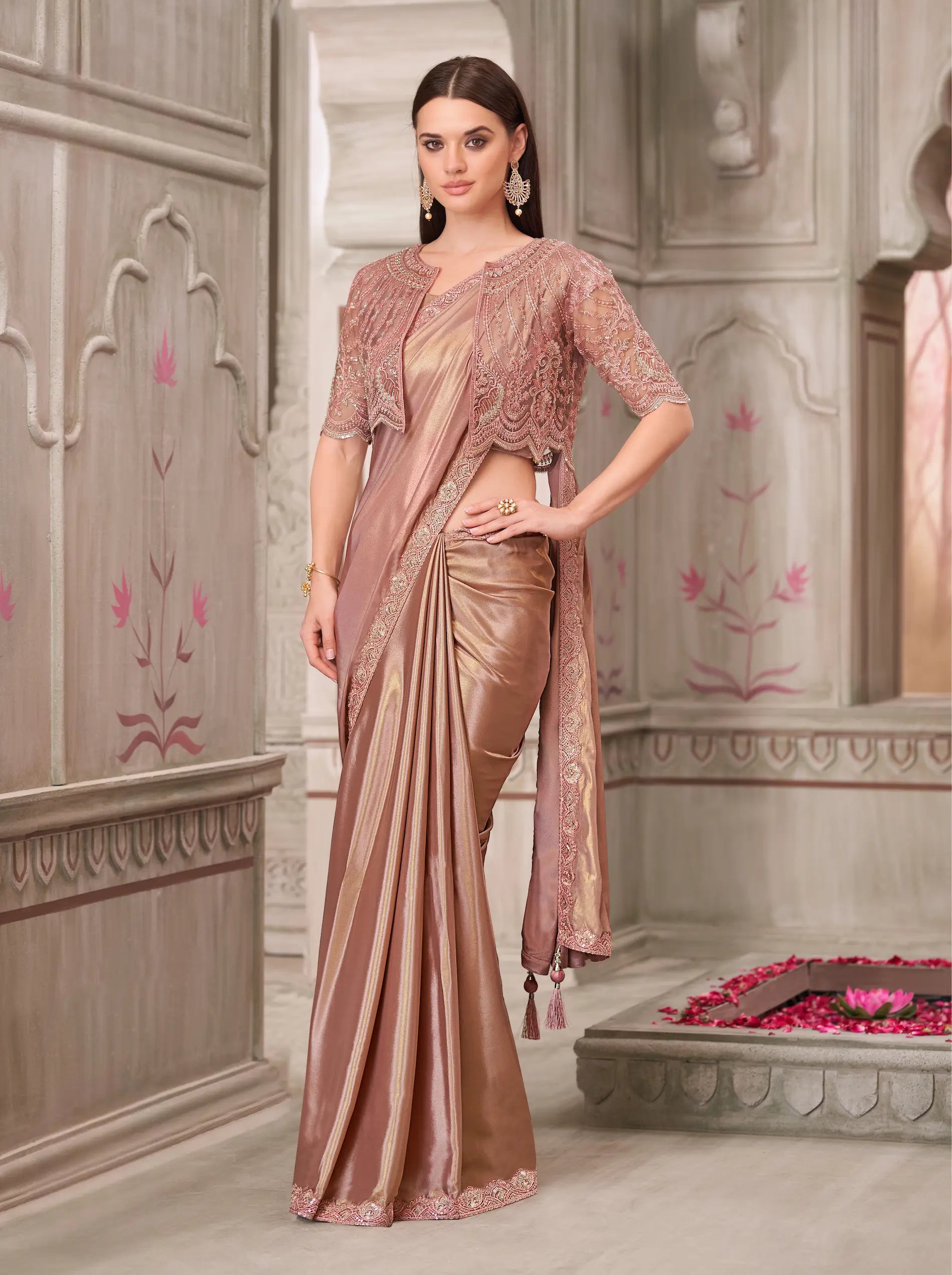 Golden Shimmer Georgette Party Wear jacket Saree With Sequence & Thread Embroidery Work - qivii