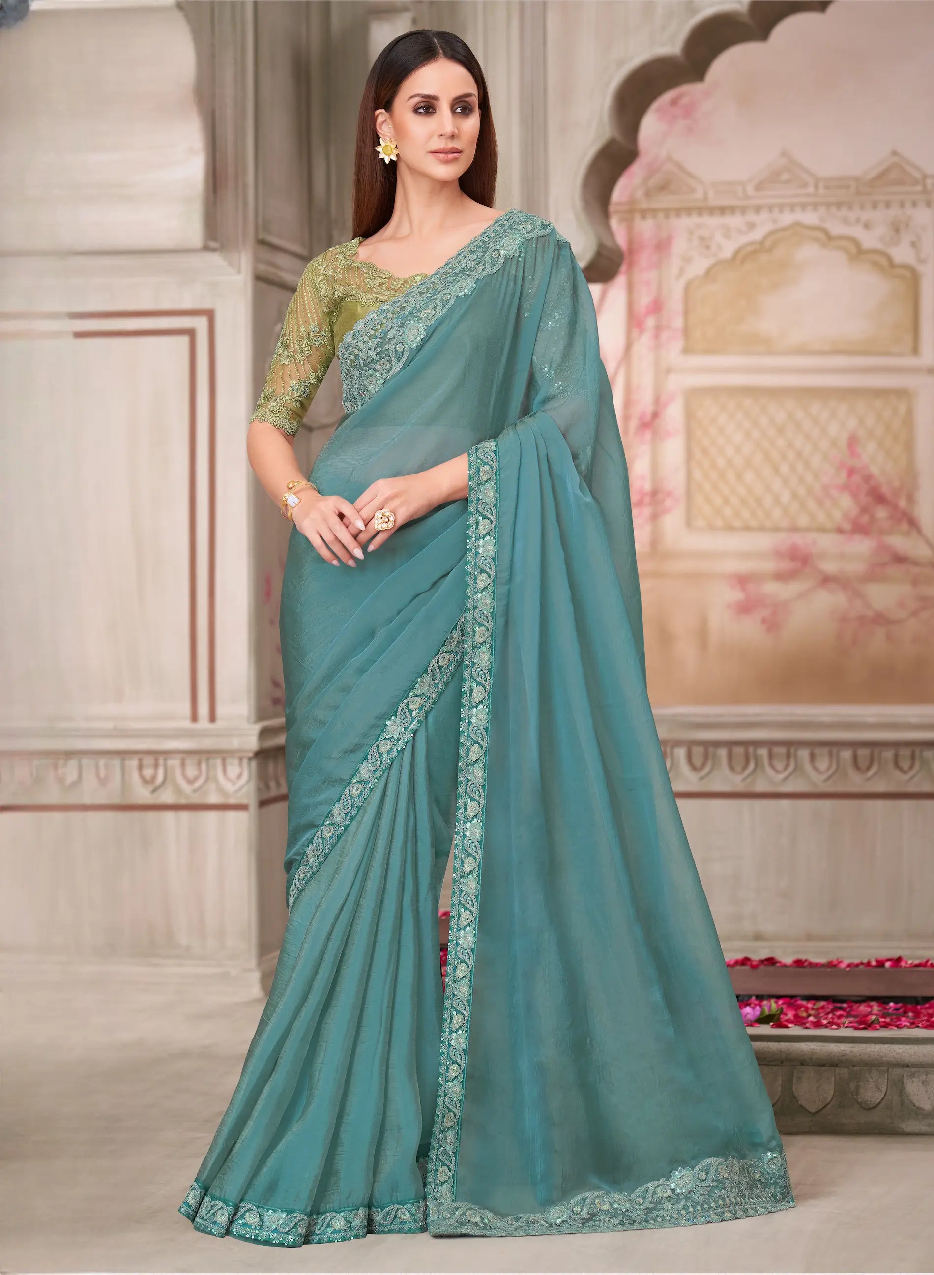 Sky Blue Georgette Silk Party Wear Saree With Sequence & Thread Embroidery Work - qivii