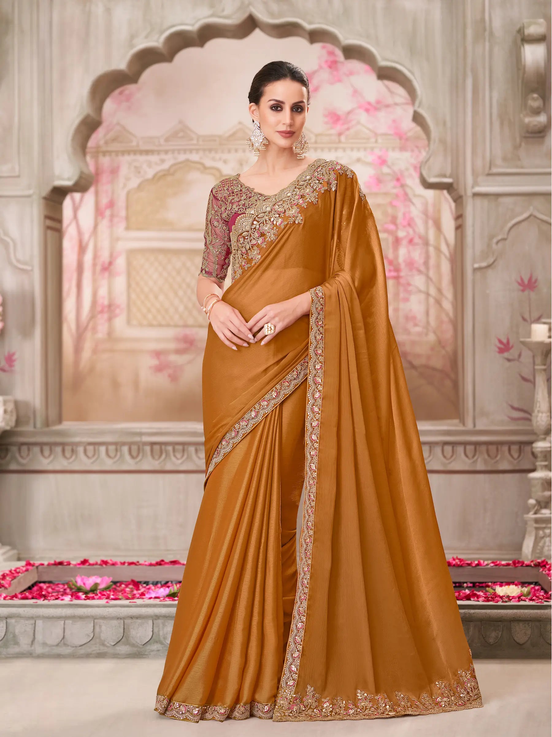 Gold Shine Chiffon Silk Party Wear Saree With Sequence & Thread Embroidery Work - qivii