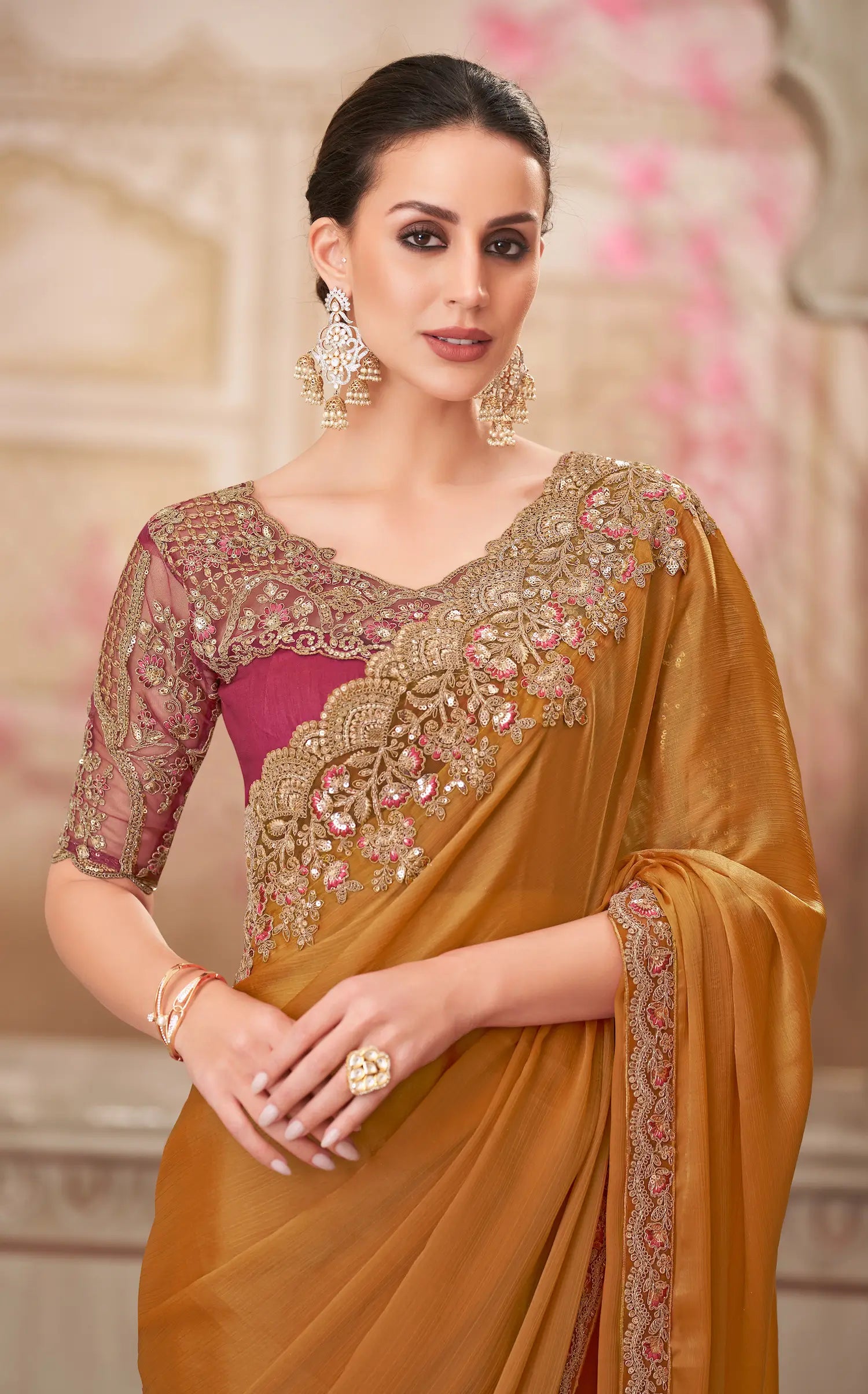 Gold Shine Chiffon Silk Party Wear Saree With Sequence & Thread Embroidery Work - qivii