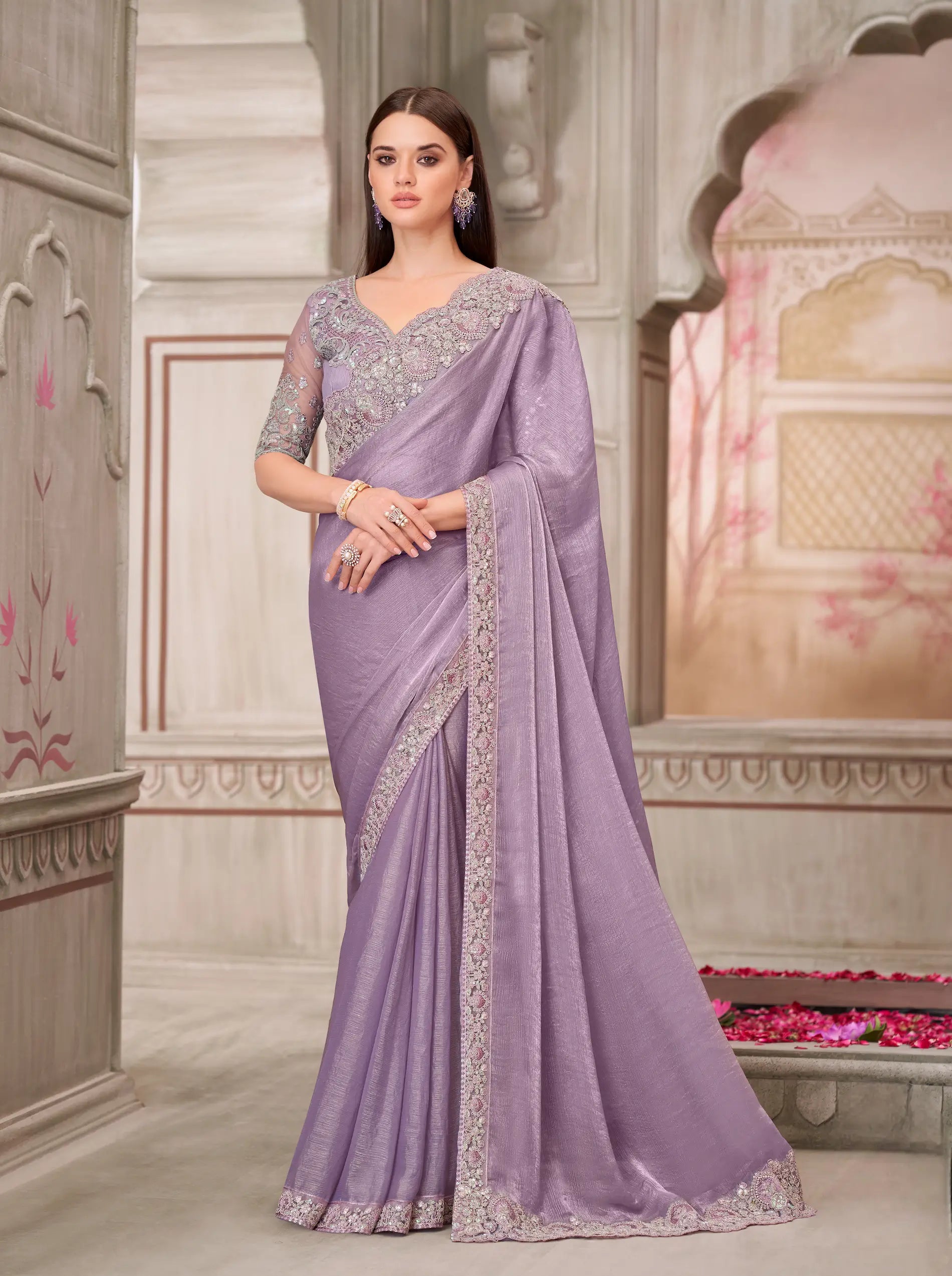 Lavender Chiffon Silk Party Wear Saree With Sequence & Thread Embroidery Work - qivii