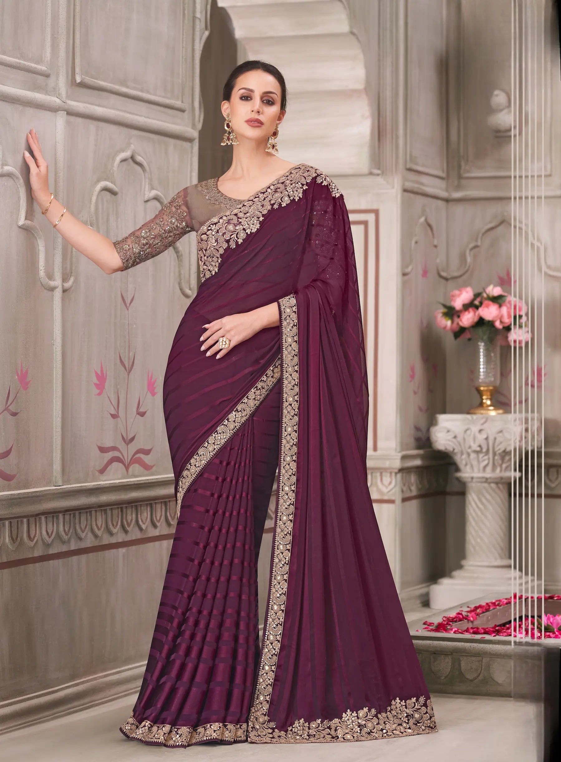 Wine Georgette Party Wear Saree With Sequence & Thread Embroidery Work - qivii