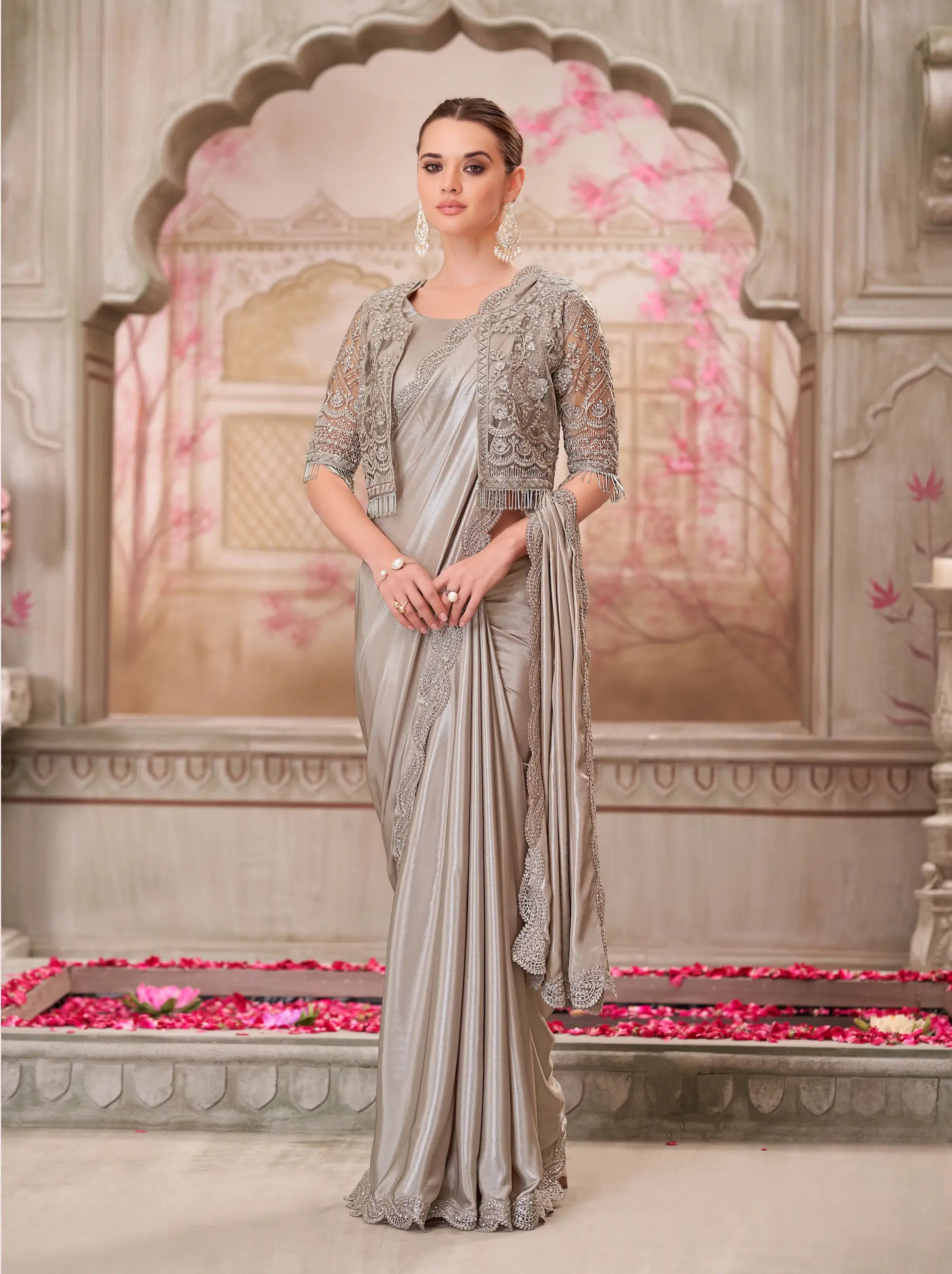 Pearl Grey Georgette Party Wear jacket Saree With Sequence & Thread Embroidery Work - qivii