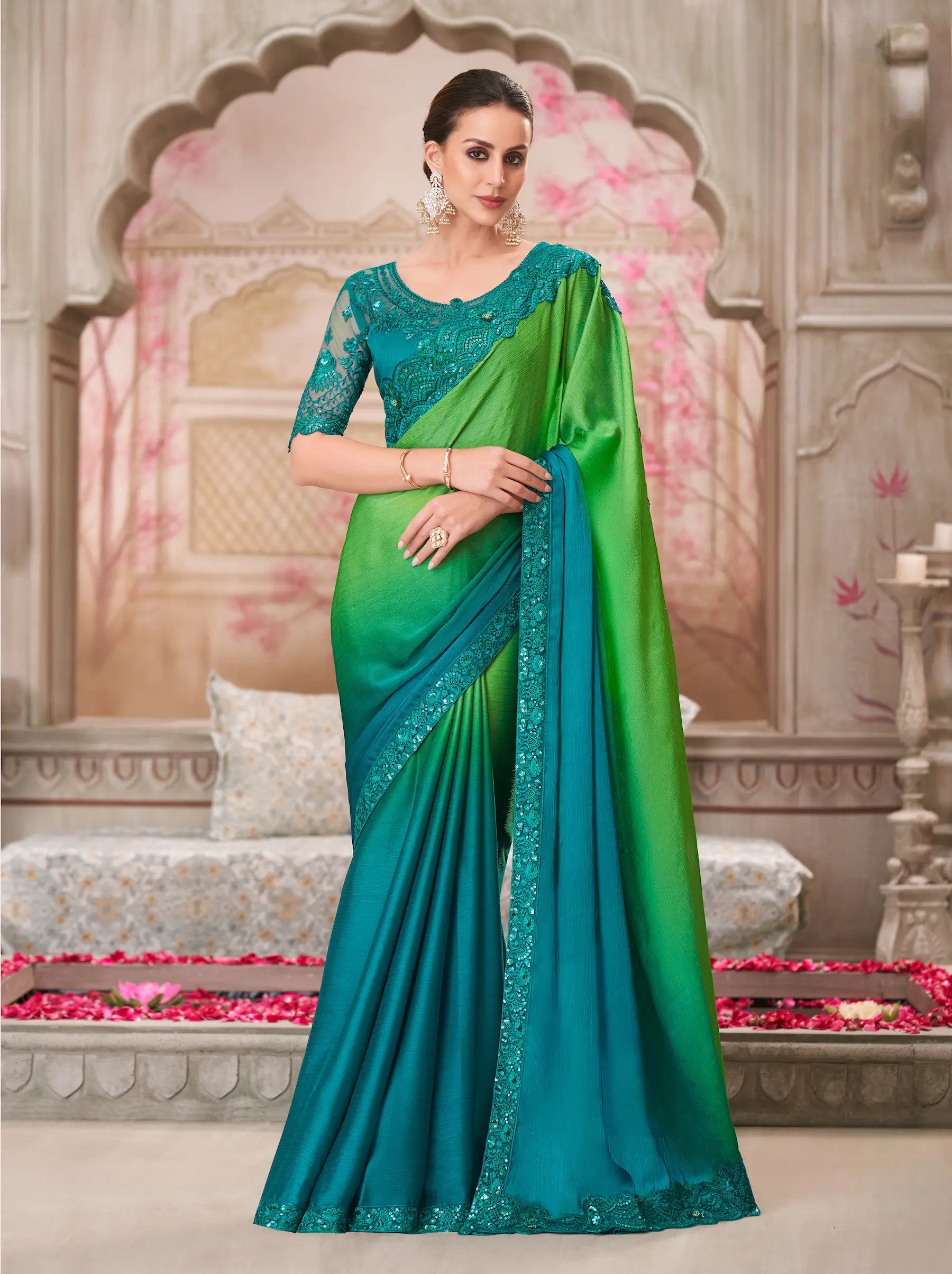 Shaded Satin Chiffon Party Wear Saree With Sequence & Thread Embroidery Work - qivii