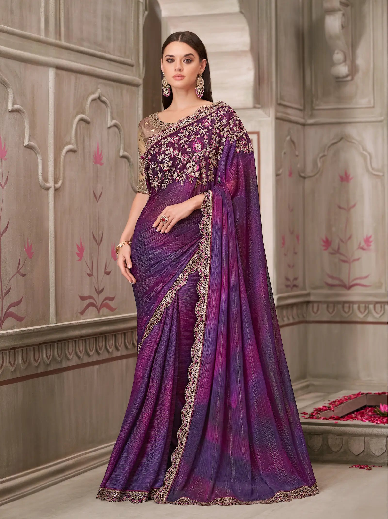 Mulberry Satin Georgette Party Wear Saree With Sequence & Thread Embroidery Work - qivii