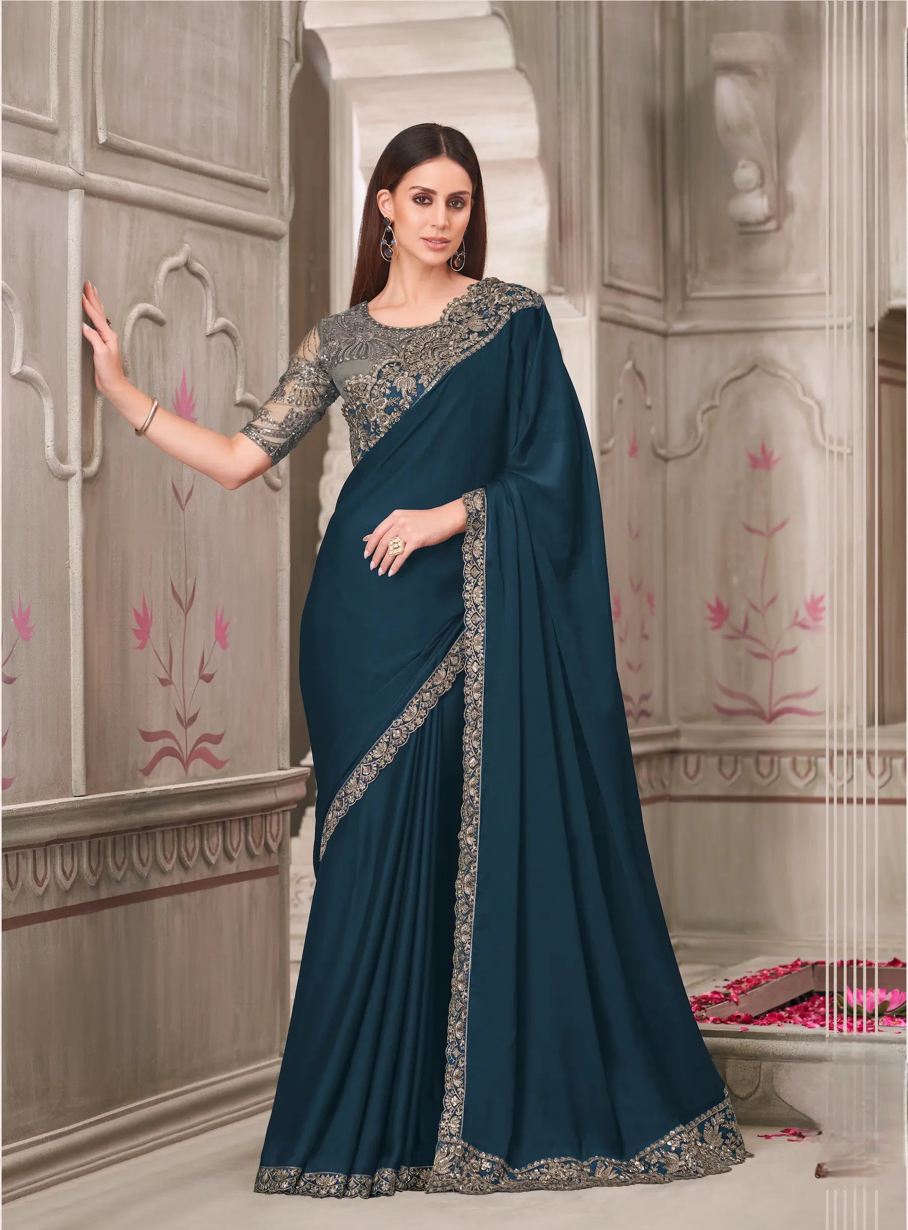 Navy Blue Satin Georgette Party Wear Saree With Sequence & Thread Embroidery Work - qivii
