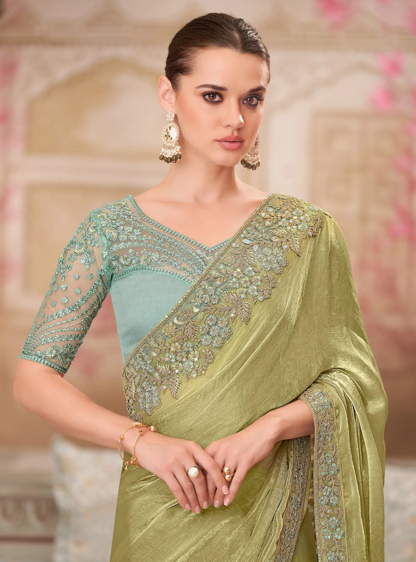 Olive Green Glass Silk Chiffon Party Wear Saree With Sequence & Thread Embroidery Work - qivii