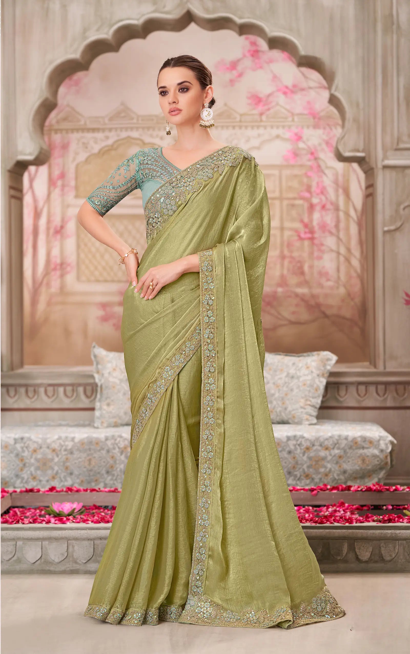 Olive Green Glass Silk Chiffon Party Wear Saree With Sequence & Thread Embroidery Work - qivii