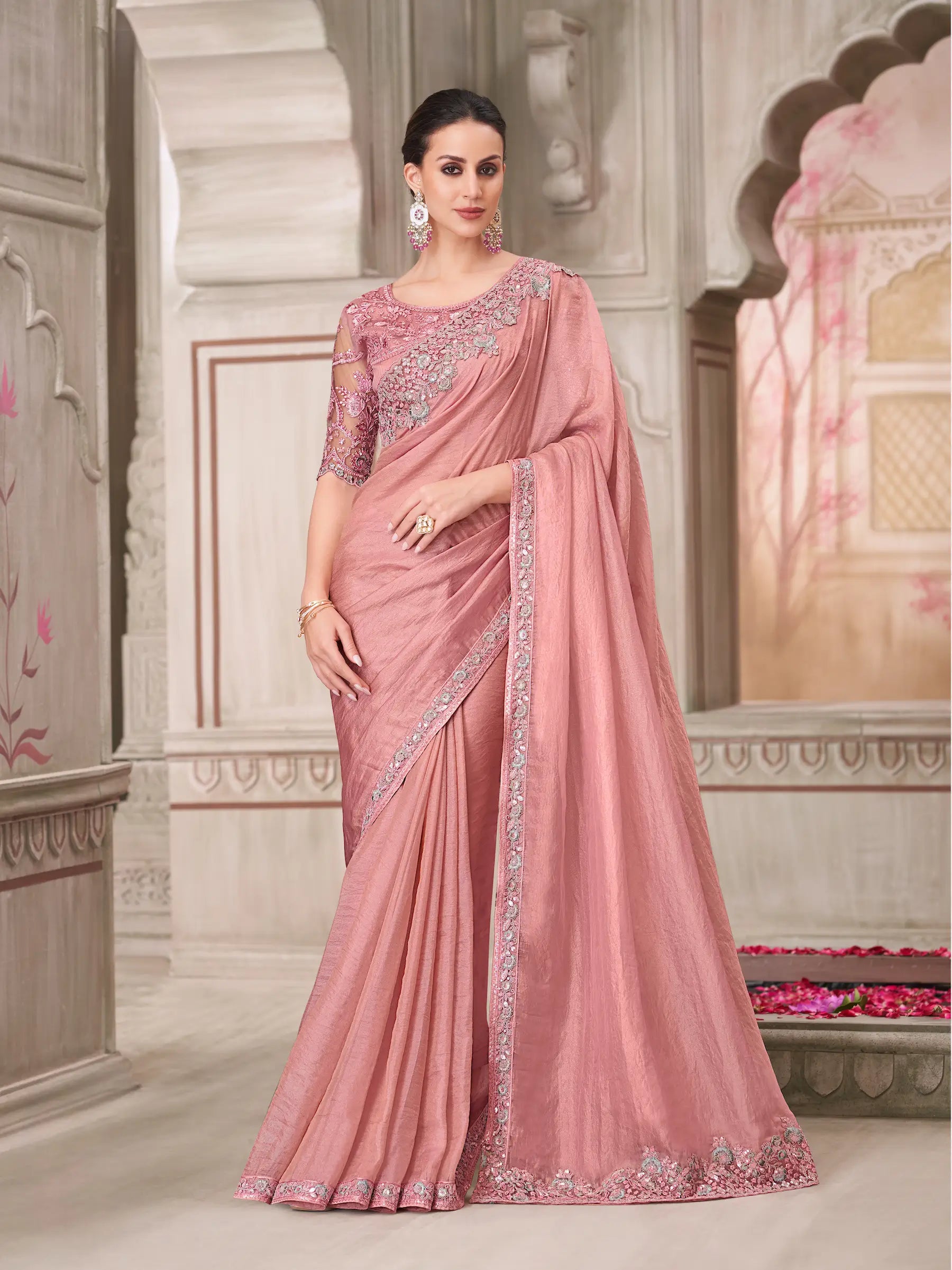 Powder Pink Satin Georgette Party Wear Saree With Sequence & Thread Embroidery Work - qivii