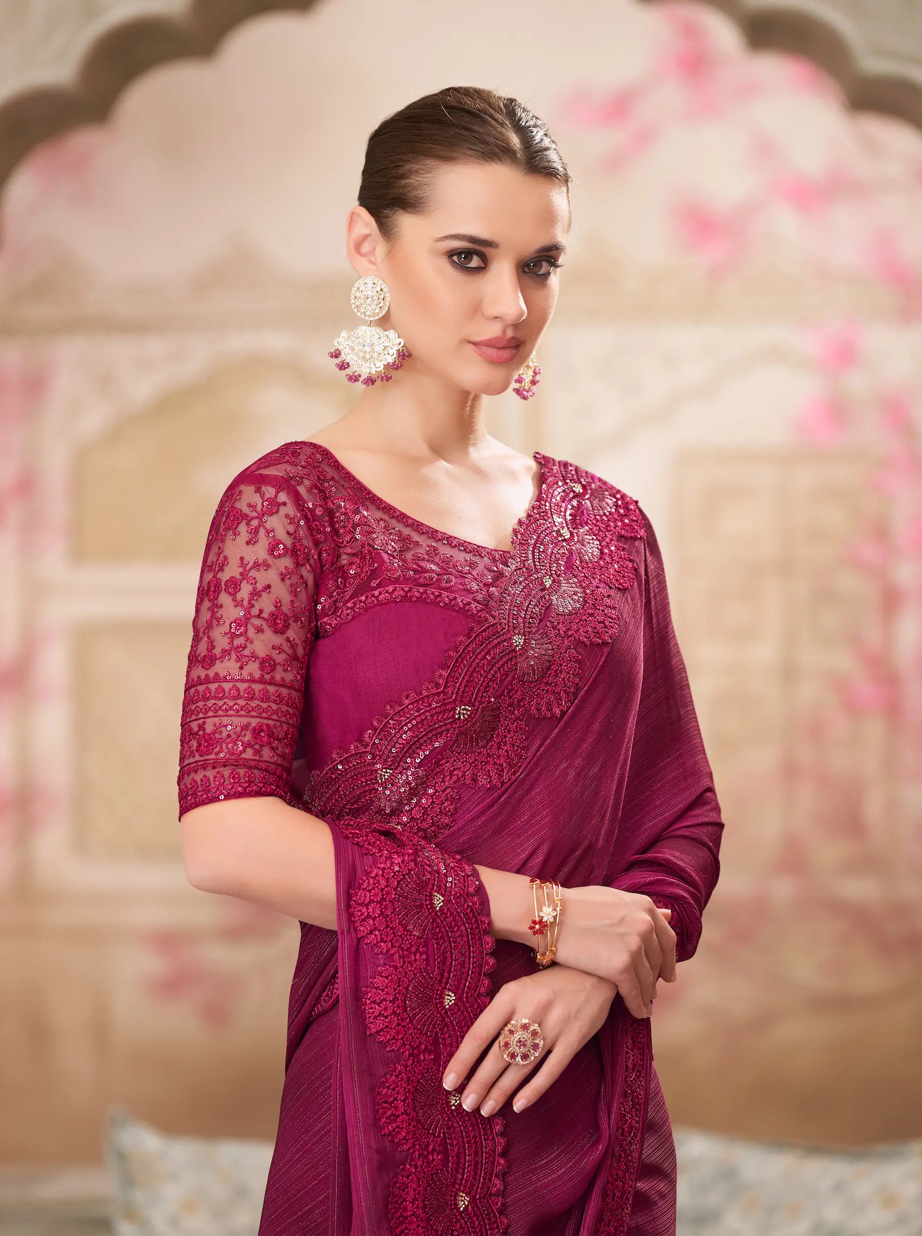 Wine Red Satin Georgette Party Wear Saree With Sequence & Thread Embroidery Work - qivii