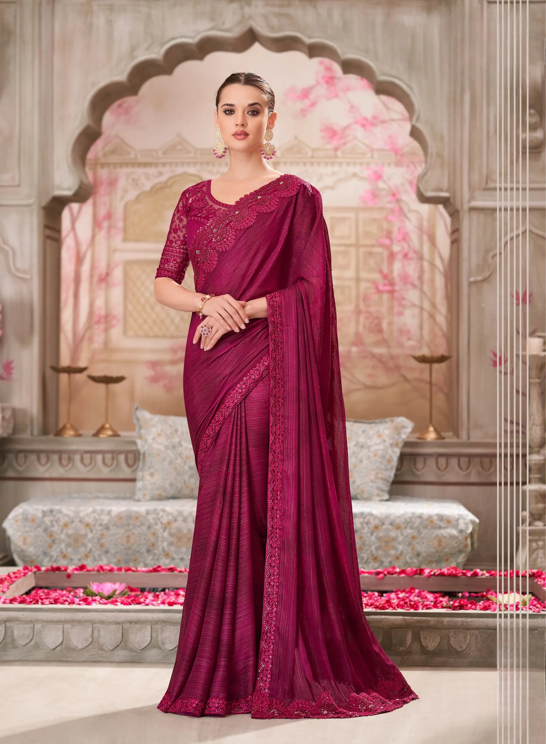 Wine Red Satin Georgette Party Wear Saree With Sequence & Thread Embroidery Work - qivii
