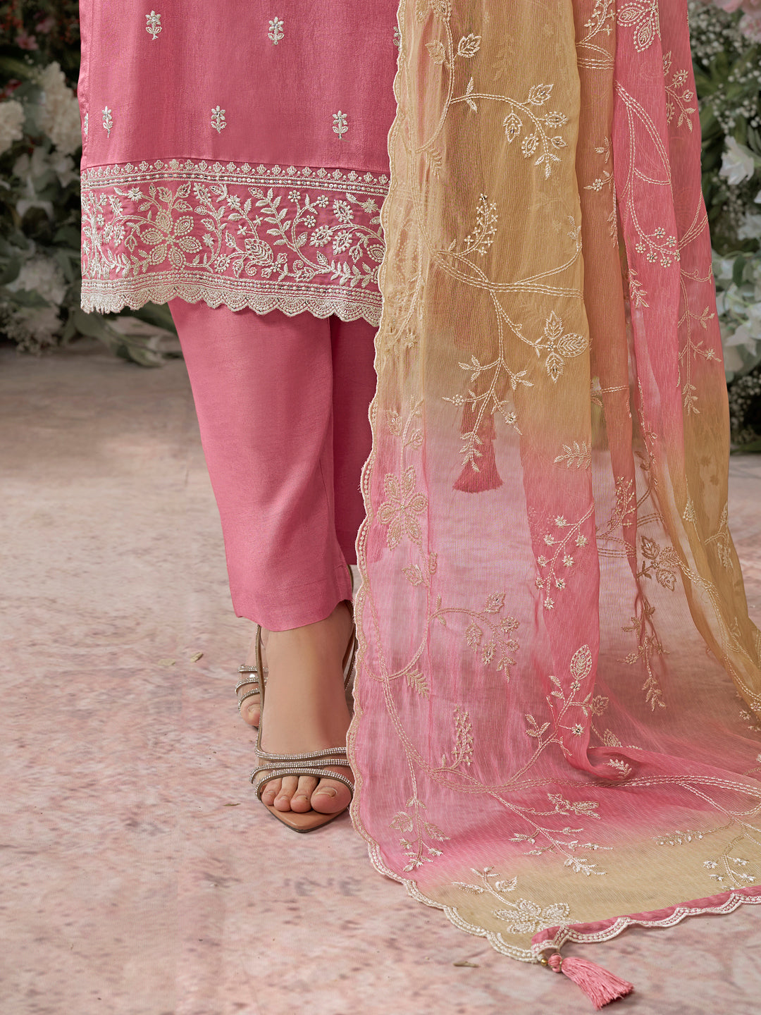 Pink Dola Silk Kurta With Embroidery Work And Buttas Paired Chiffon Digital Print Dupatta With Four Sided Scalloped Border