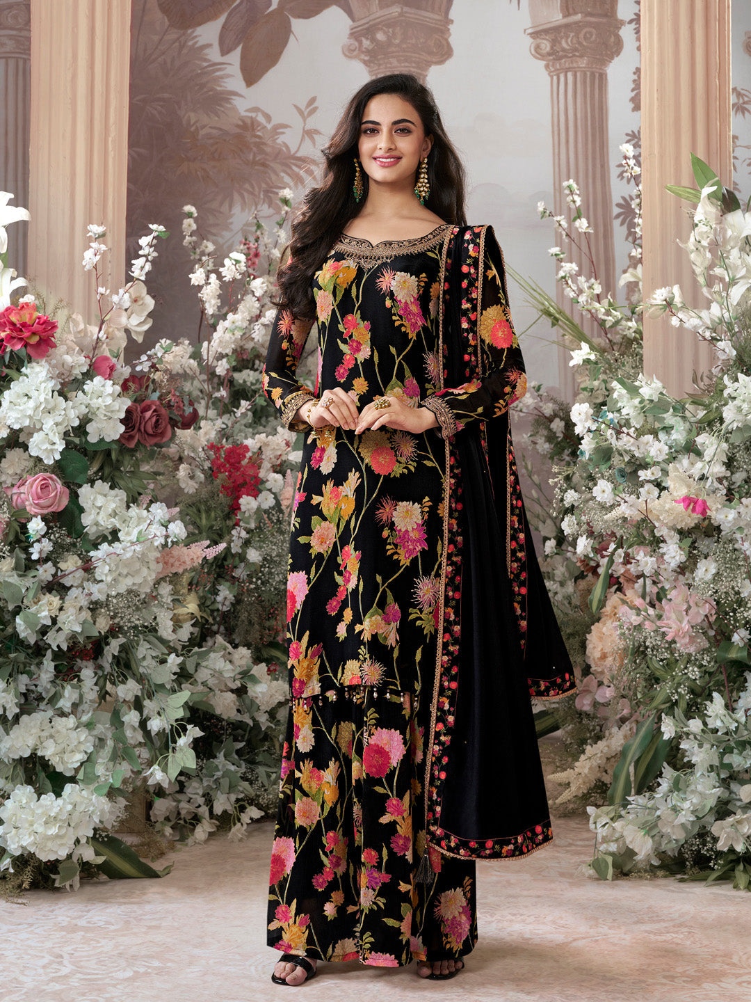 Black Chinon Sharara Suit Set with Floral Print and Embroidery Work