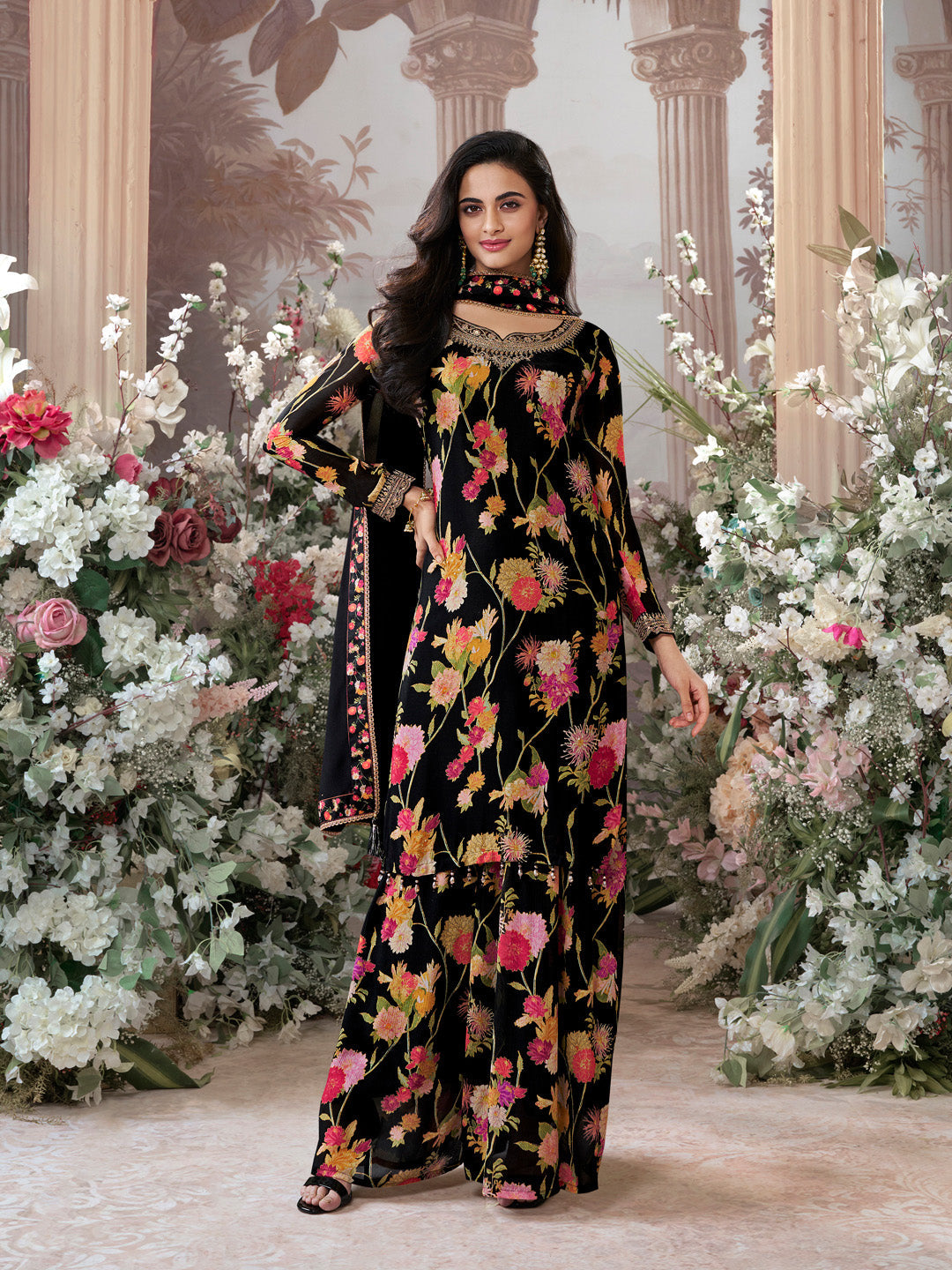 Black Chinon Sharara Suit Set with Floral Print and Embroidery Work