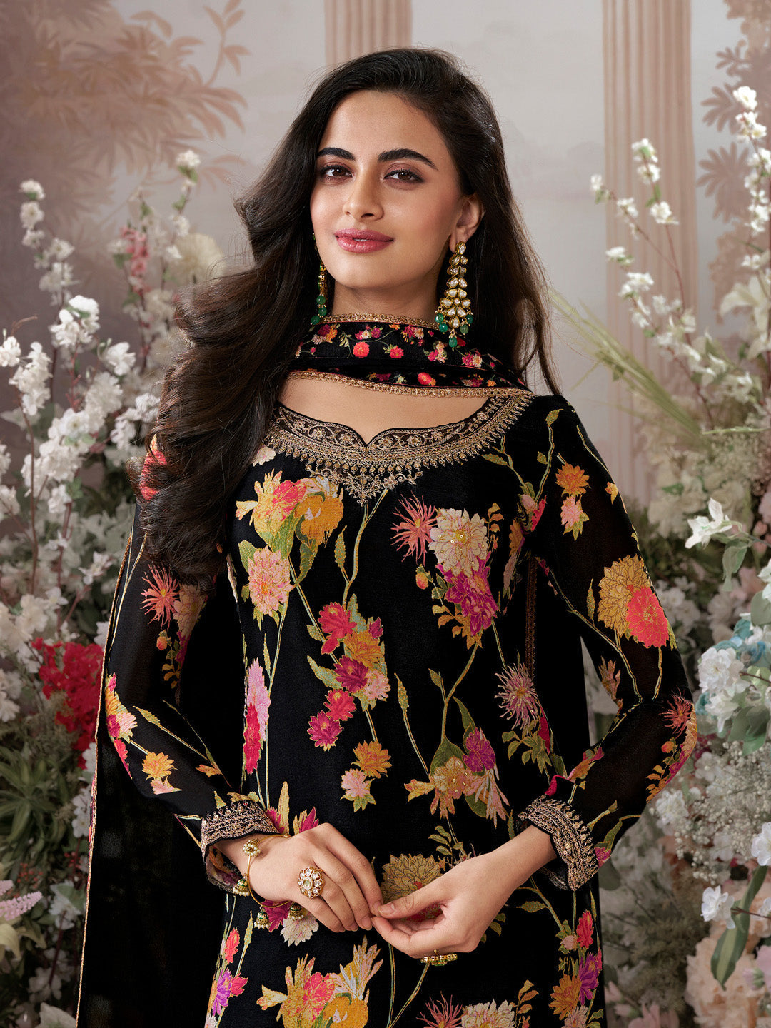 Black Chinon Sharara Suit Set with Floral Print and Embroidery Work - qivii