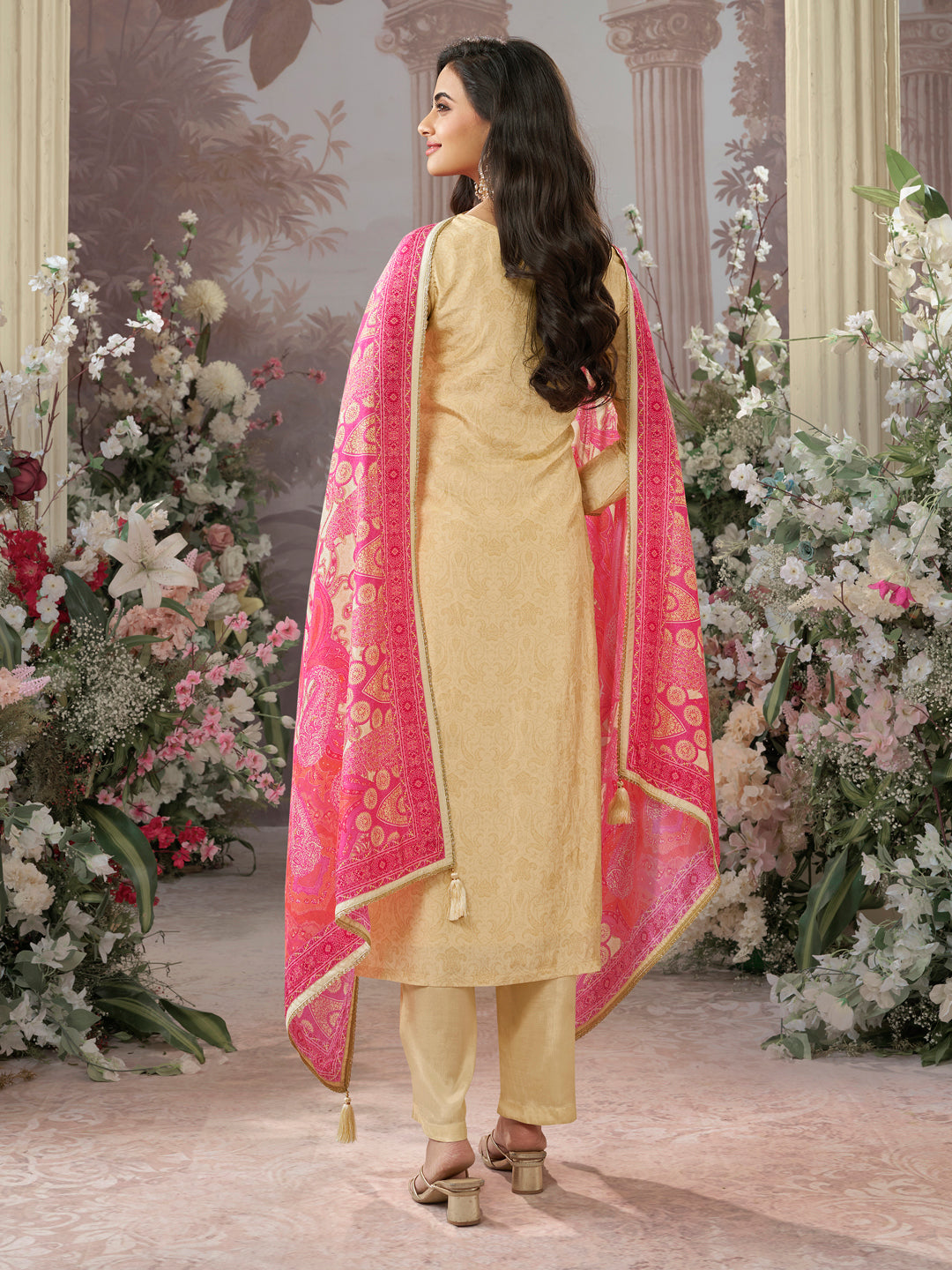 Beige Russian Silk Kurta Set Paired With Russian Silk Digital Printed Contrast Dupatta