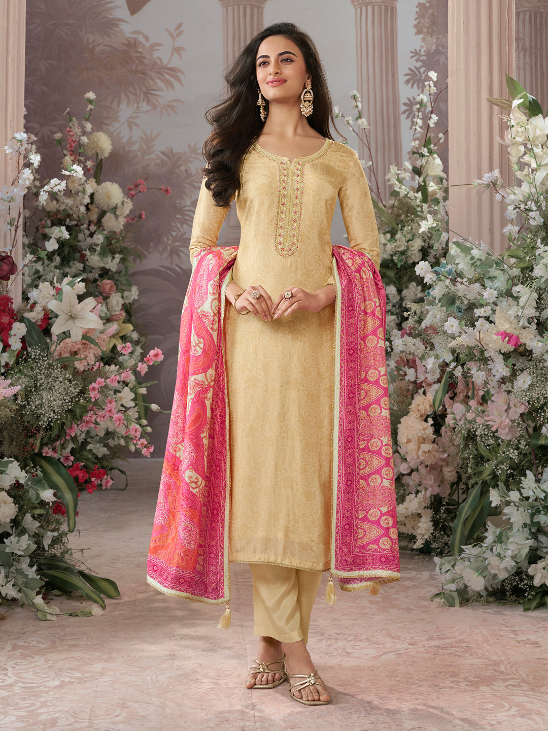 Beige Russian Silk Kurta Set Paired With Russian Silk Digital Printed Contrast Dupatta