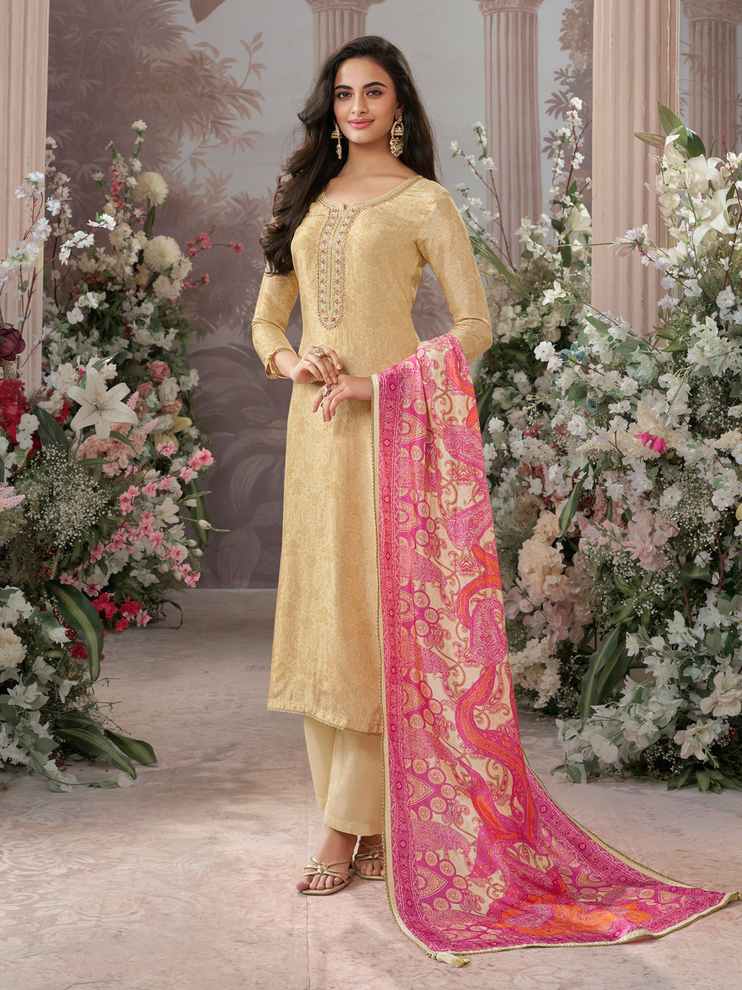 Beige Russian Silk Kurta Set Paired With Russian Silk Digital Printed Contrast Dupatta