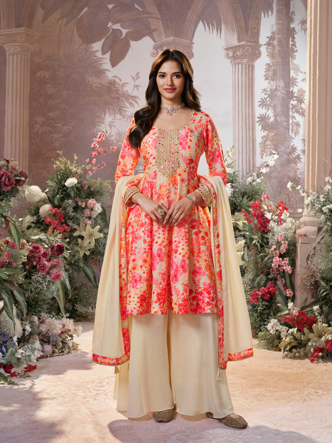 Off-White Pure Russian Silk Mirror Work Sharara Set paired with Chinon Dupatta with Digital Printed Borders